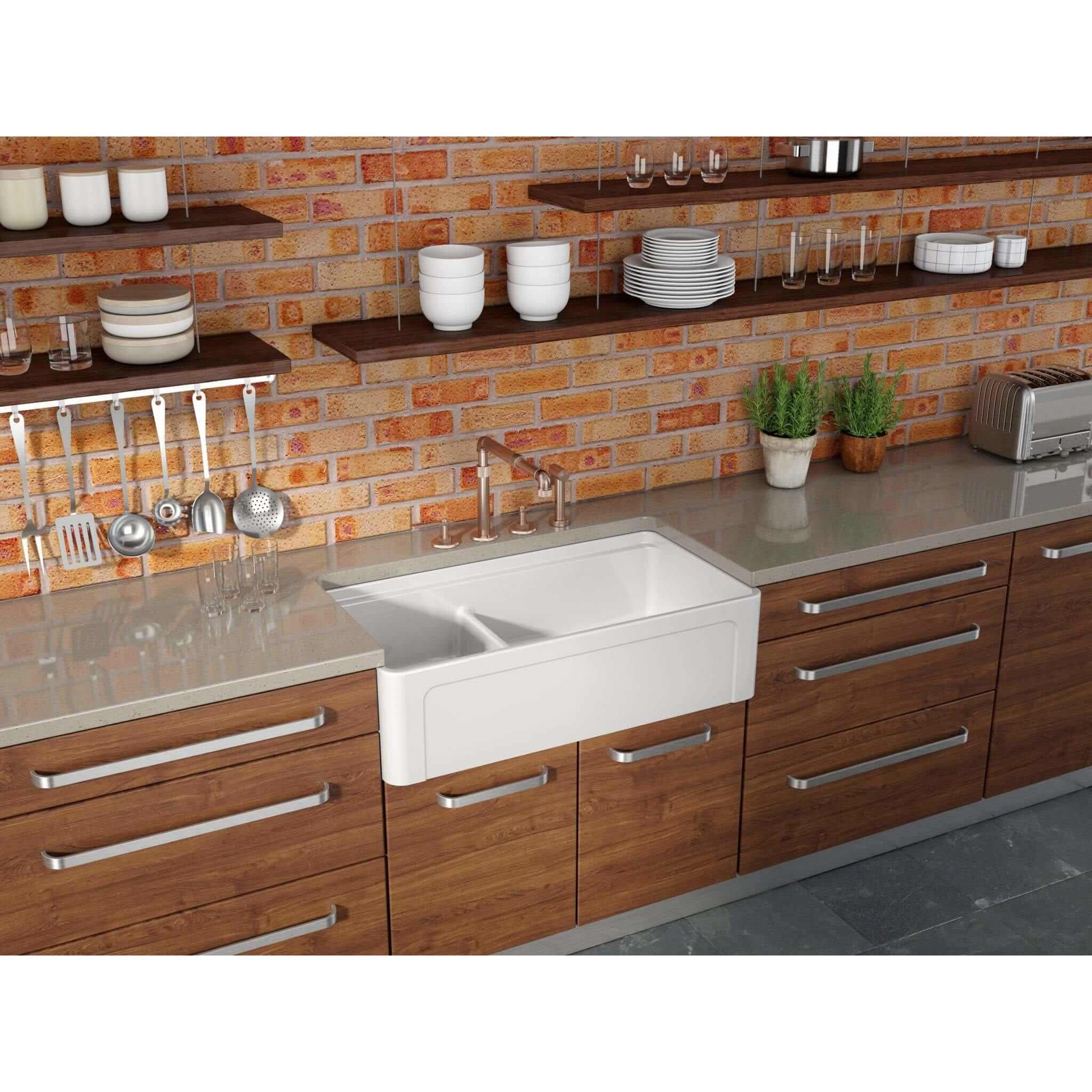 Latoscana 36 Inch Reversible Fireclay Double Bowl Farmhouse Sink 60/40 Split with Accessory Ledge - Perfect for Kitchen Remodeling, Farmhouse Style Decor & Heavy Duty Dishwashing