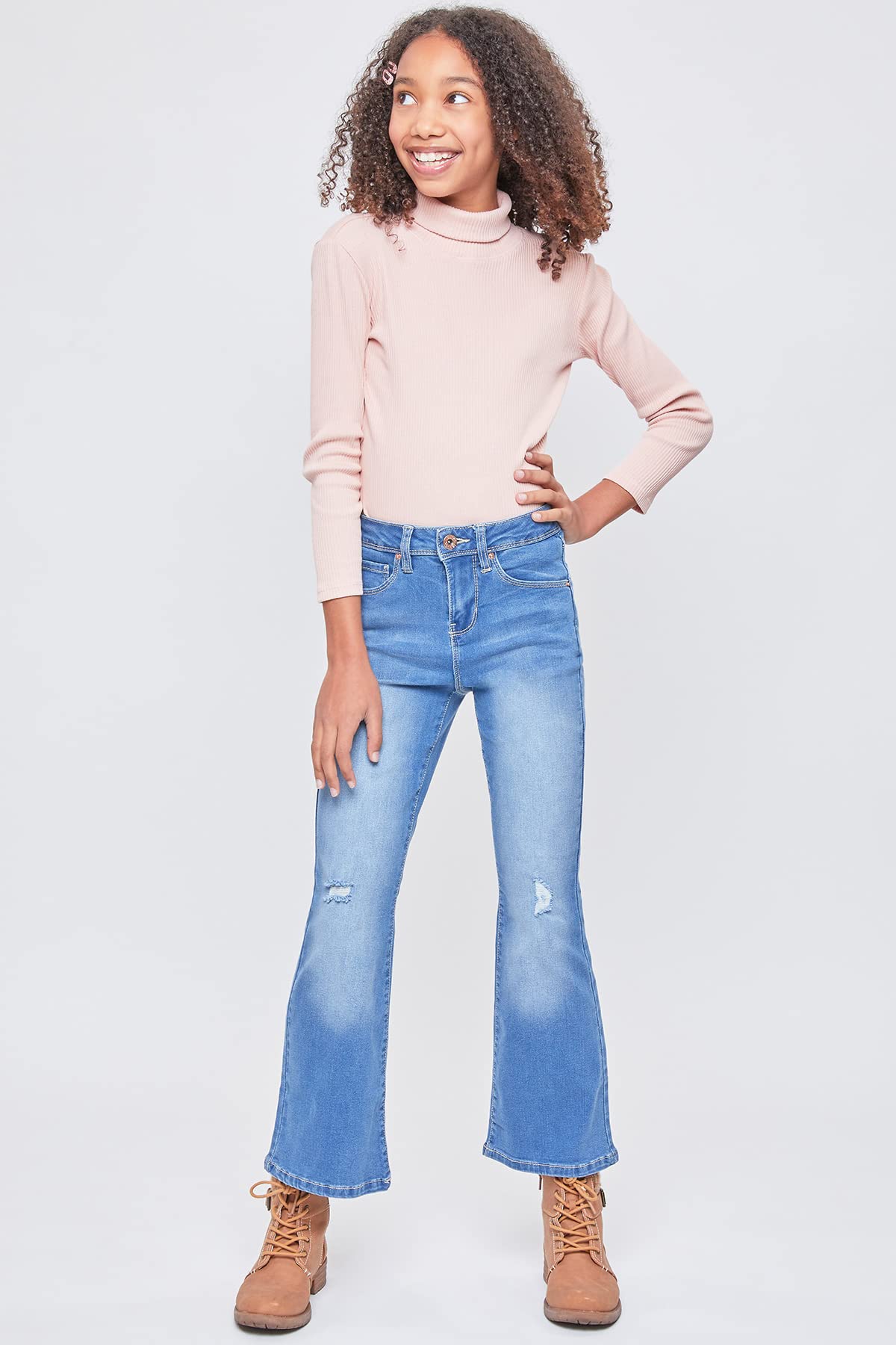 YMI Girls' Basic 1-Button Clean Hem Flare Jeans - Comfortable Stretch Denim Pants for School, Playdates & Casual Outfits
