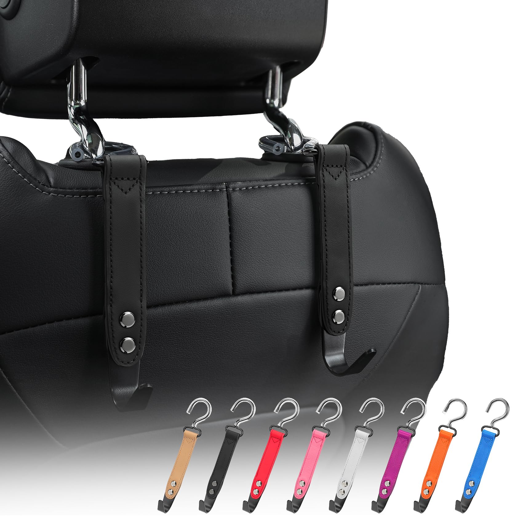 Premium 2-Pack Leather Car Hooks - SUS304 Stainless Steel Headrest Hooks for Purses, Bags & Groceries | Durable Car Accessories for Organization & Convenience | Perfect for SUVs, Sedans & Road Trips