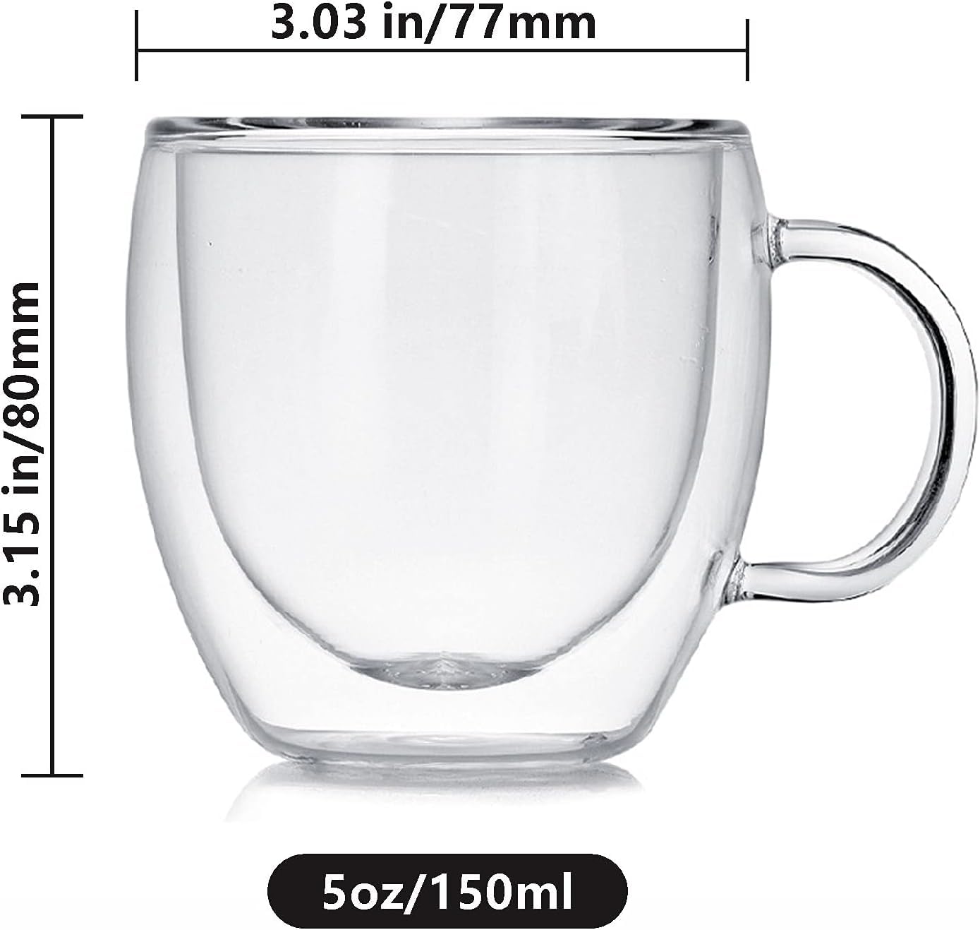 Premium Double Walled Glass Espresso Cups Set of 2 - 5oz Insulated Coffee Mugs with Handle, Clear Borosilicate Glass for Hot & Cold Drinks - Perfect for Espresso, Cappuccino, Latte, Tea, Wine - Ideal for Home, Office & Cafe Use