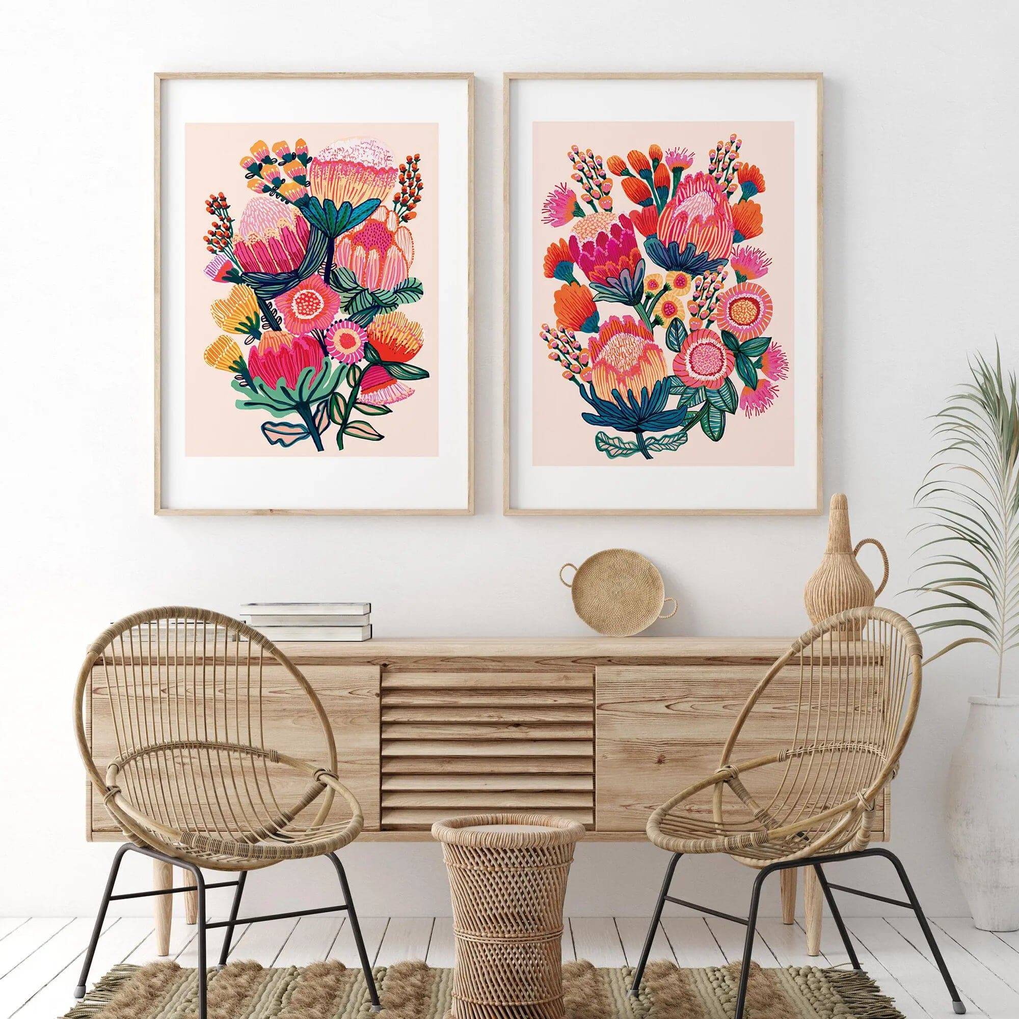 Australian Native Flowers Wall Art Prints - Set of 3 Framed Botanical Paintings for Living Room, Bedroom & Office Decor