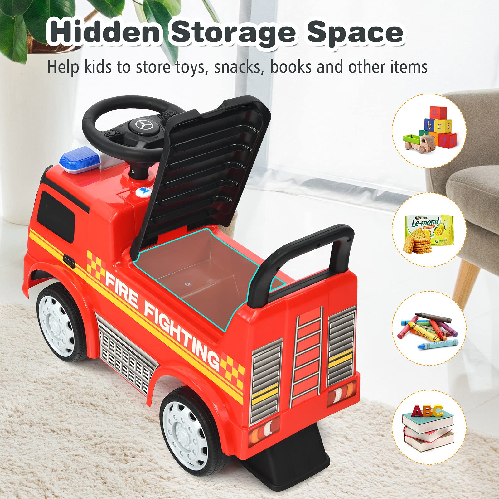 **Costzon Licensed Mercedes Benz Ride-On Push Car for Toddlers 18-36 Months - Red Fire Truck Design with Steering Wheel, Horn, Headlights & Under Seat Storage - Foot-to-Floor Riding Toy for Boys & Girls - Perfect for Indoor & Outdoor Play, Birthday Gifts & Pretend Driving Fun**