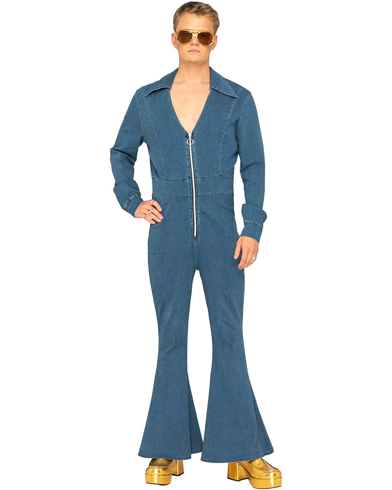Vintage 70s Studded Denim Jumpsuit for Women - Retro Rocker Chic Outfit for Concerts, Parties & Halloween Costumes