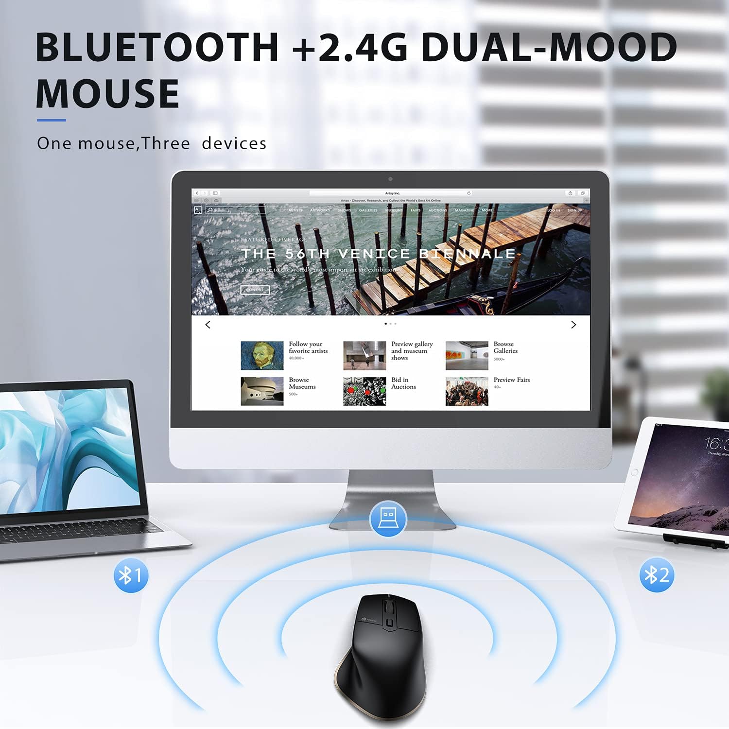 iClever Wireless Mouse - Bluetooth & USB Receiver, 2400DPI Adjustable, Rechargeable, Ergonomic Design for Laptop, iPad, MacBook, Tablet, PC - Perfect for Office Work, Home Use & Travel
