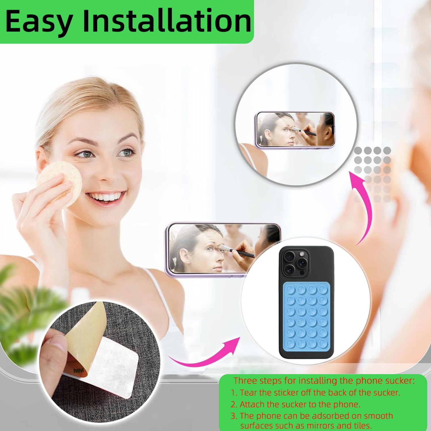 Non-Slip Silicone Suction Cup Phone Holder for iPhone & Android - Sticky Phone Grip for Hands-Free Selfie, Video & Shower Mirror - Light Blue (2 Pack) - Perfect for Bathroom, Car Dashboard & Kitchen Use