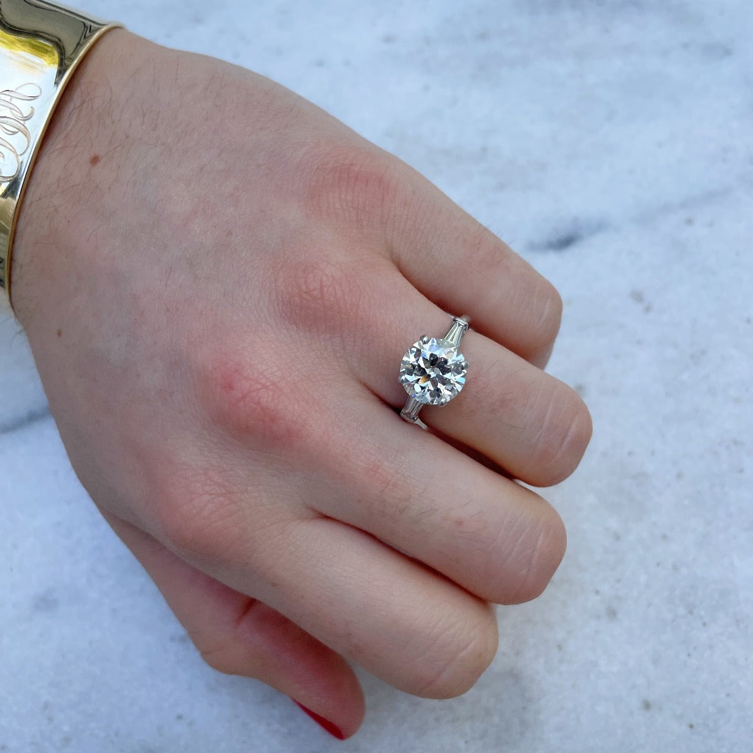 3.5ct Old Transitional Cut Diamond Ring with .45ct Side Baguettes - Vintage Estate Jewelry for Weddings, Anniversaries & Special Occasions