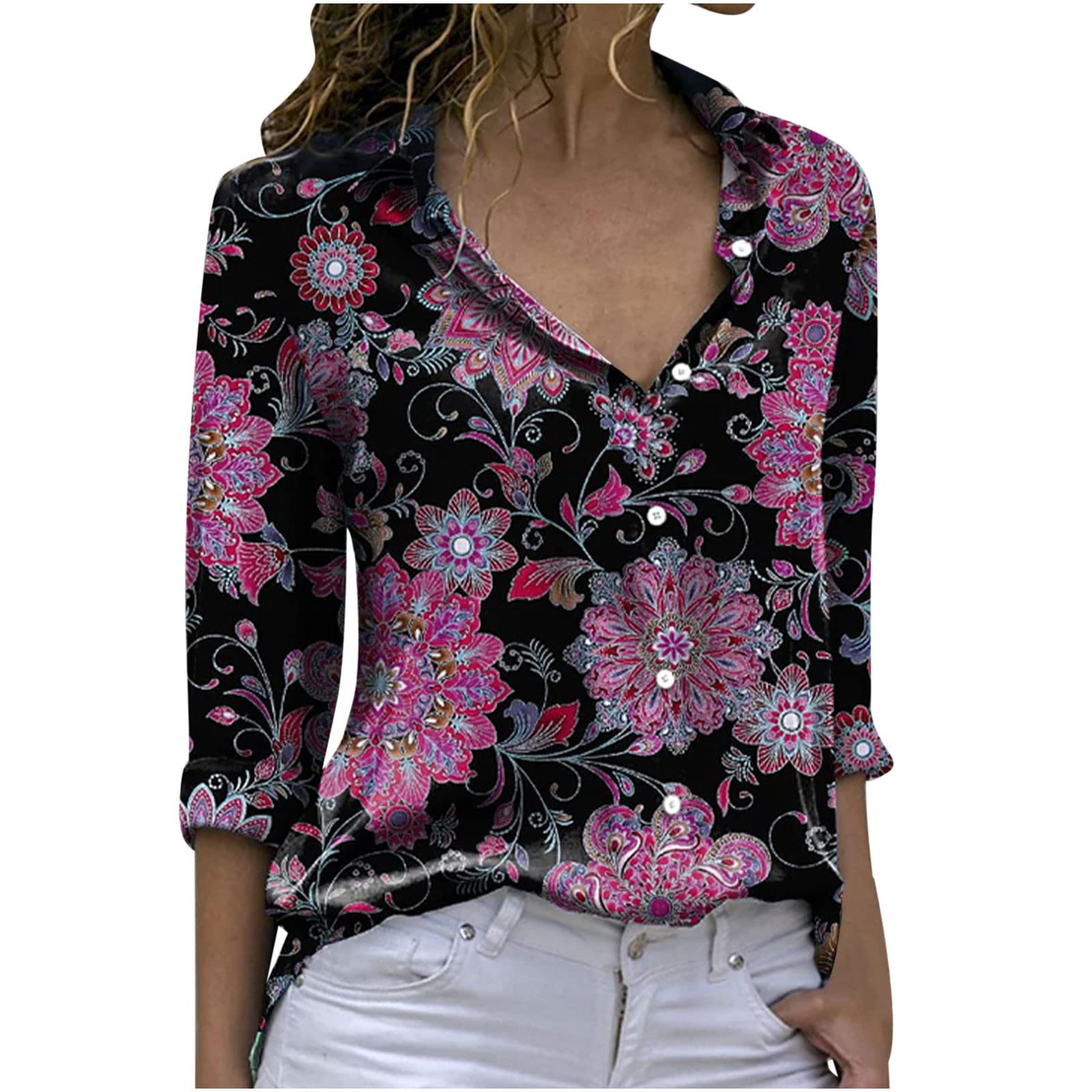 Women's Loose Fit Button Down Lapel Collar Long Sleeve Blouse - Classic Floral Print Casual Tops for Work, Office & Everyday Wear | Breathable Comfort Shirt for Spring & Summer