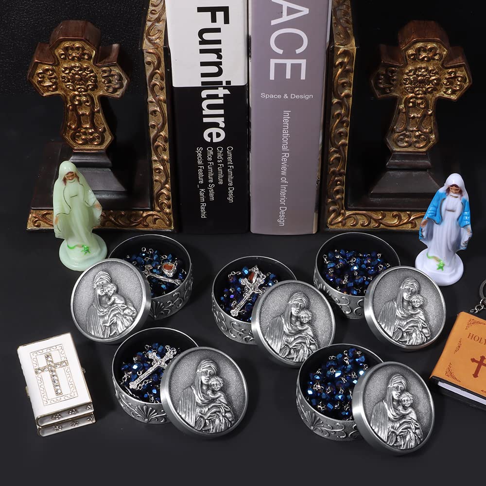 Blue Crystal Rosary Beads Necklace for Women - Catholic Prayer Beads with Vintage Last Supper Jewelry Box - Christian Gifts for Baptism, First Communion & Daily Devotion