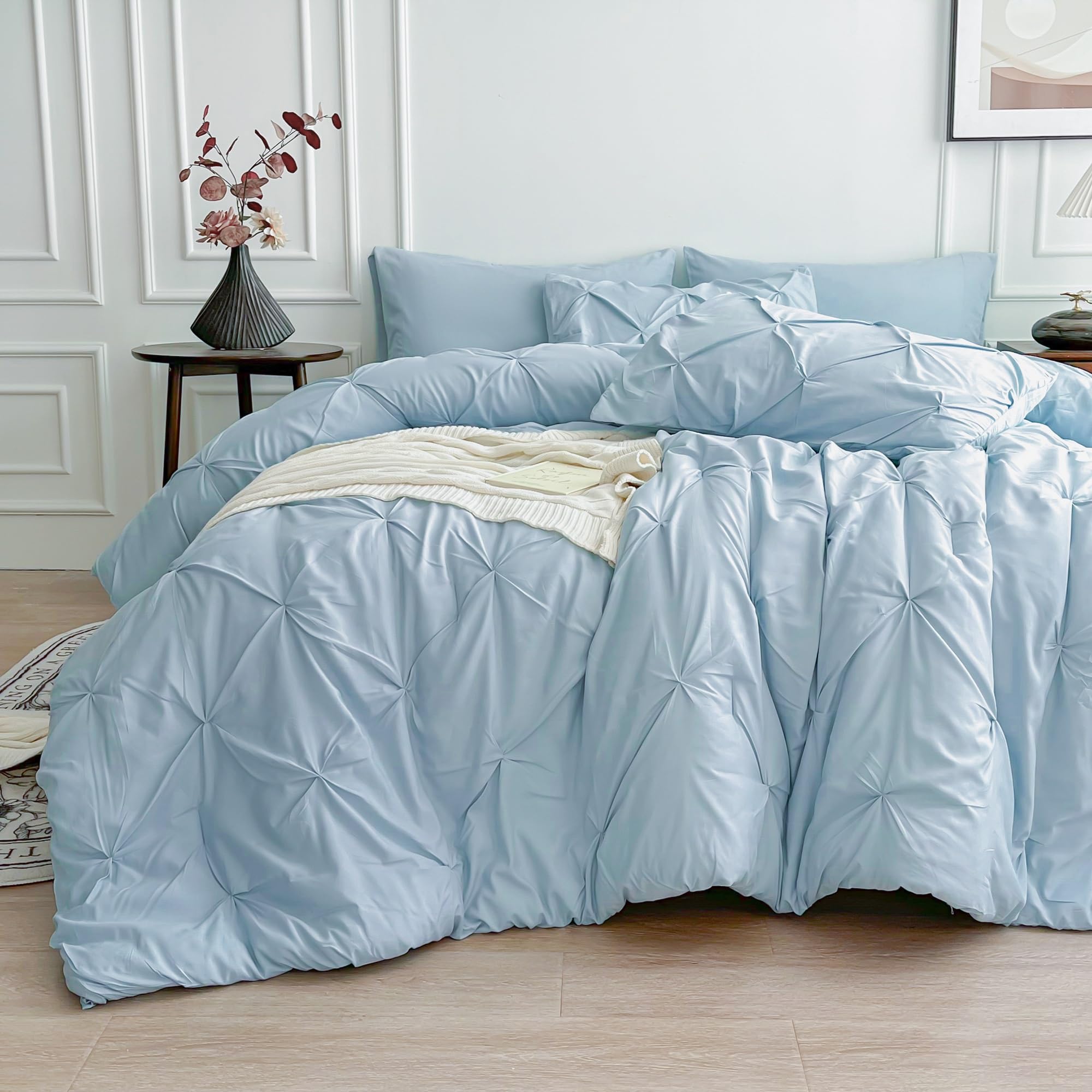 Maple & Stone 7-Piece King Size Comforter Set - Light Blue Pintuck Bedding with Comforter, Sheets, Pillowcases & Shams | Luxury Bed in a Bag for Master Bedroom & Guest Room Decor