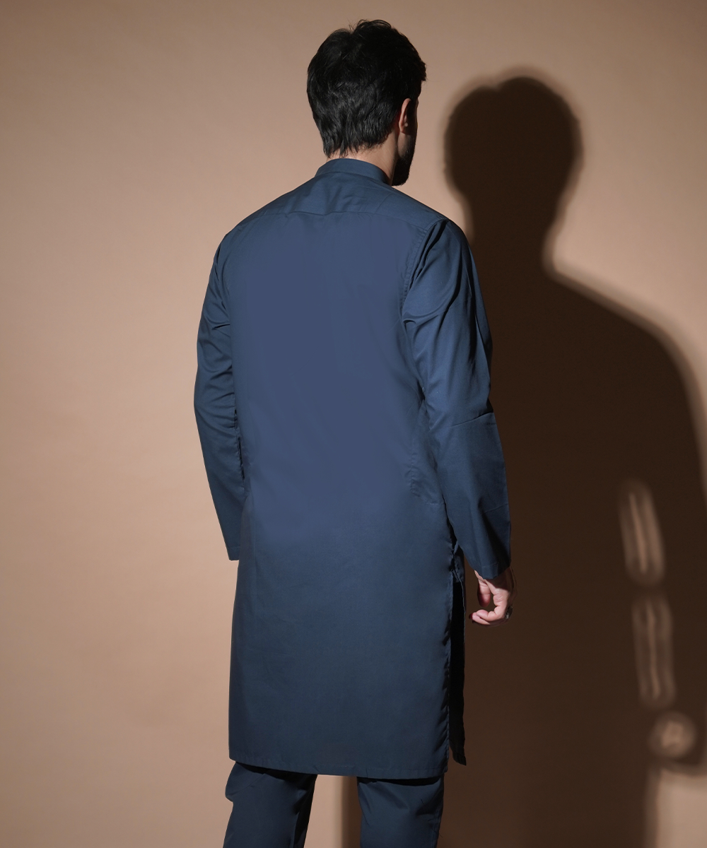 **Navy Blue Kurta Pants Set with Pearl Loop Buttons – Traditional Indian Outfit for Festivals & Weddings**