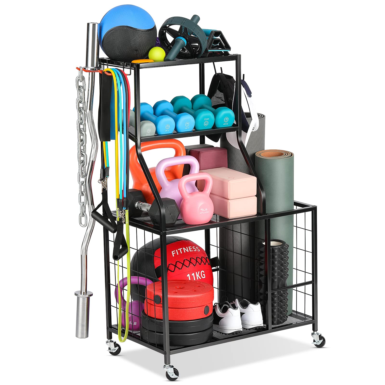 Dumbbell Rack with Wheels & Hooks - Heavy Duty Weight Stand for Gym Storage, Home Workout Equipment Organizer | Perfect for Yoga Mat Storage & Strength Training Gear Organization