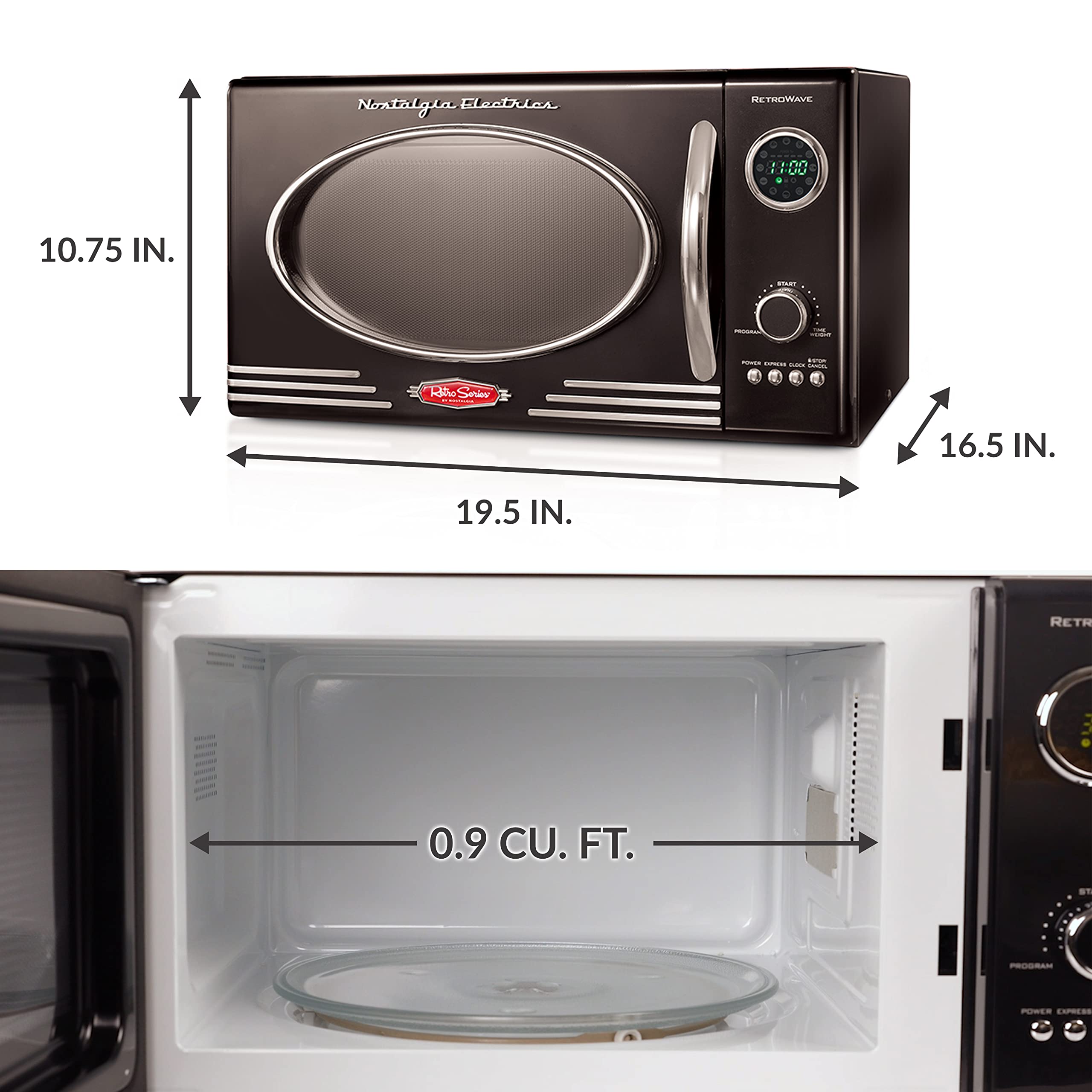 Nostalgia RMO4BK Retro 0.9 Cubic Foot 800W Countertop Microwave Oven - 5 Power Levels, 12 Cook Settings, LED Display, Jet Black - Perfect for Small Kitchens, Dorms & Office Break Rooms