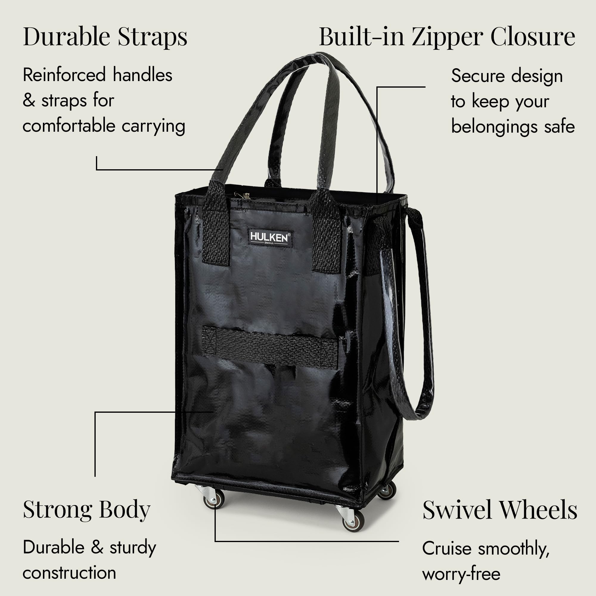 Compact Black Wheeled Grocery Cart - Reusable Rolling Shopping Tote with Zipper Closure, Lightweight Foldable Design Holds 66 lbs - Perfect for Grocery Shopping, Farmers Markets & Travel