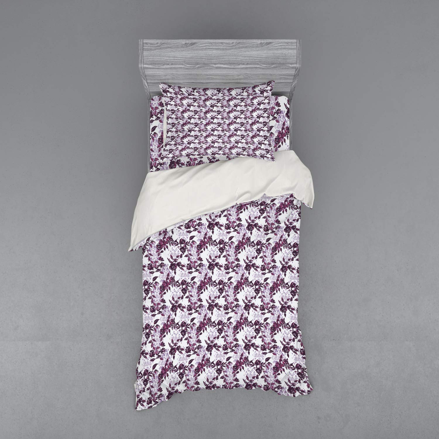 Ambesonne Vintage Watercolor Rose Duvet Cover Set - 3 Piece Twin XL Bedding with Sham & Fitted Sheet in Plum, Dried Rose & Lavender | Grunge Floral Bouquet & Geometric Pattern | Perfect for Boho Bedroom Decor, Guest Room Makeover & Cozy Home Styling