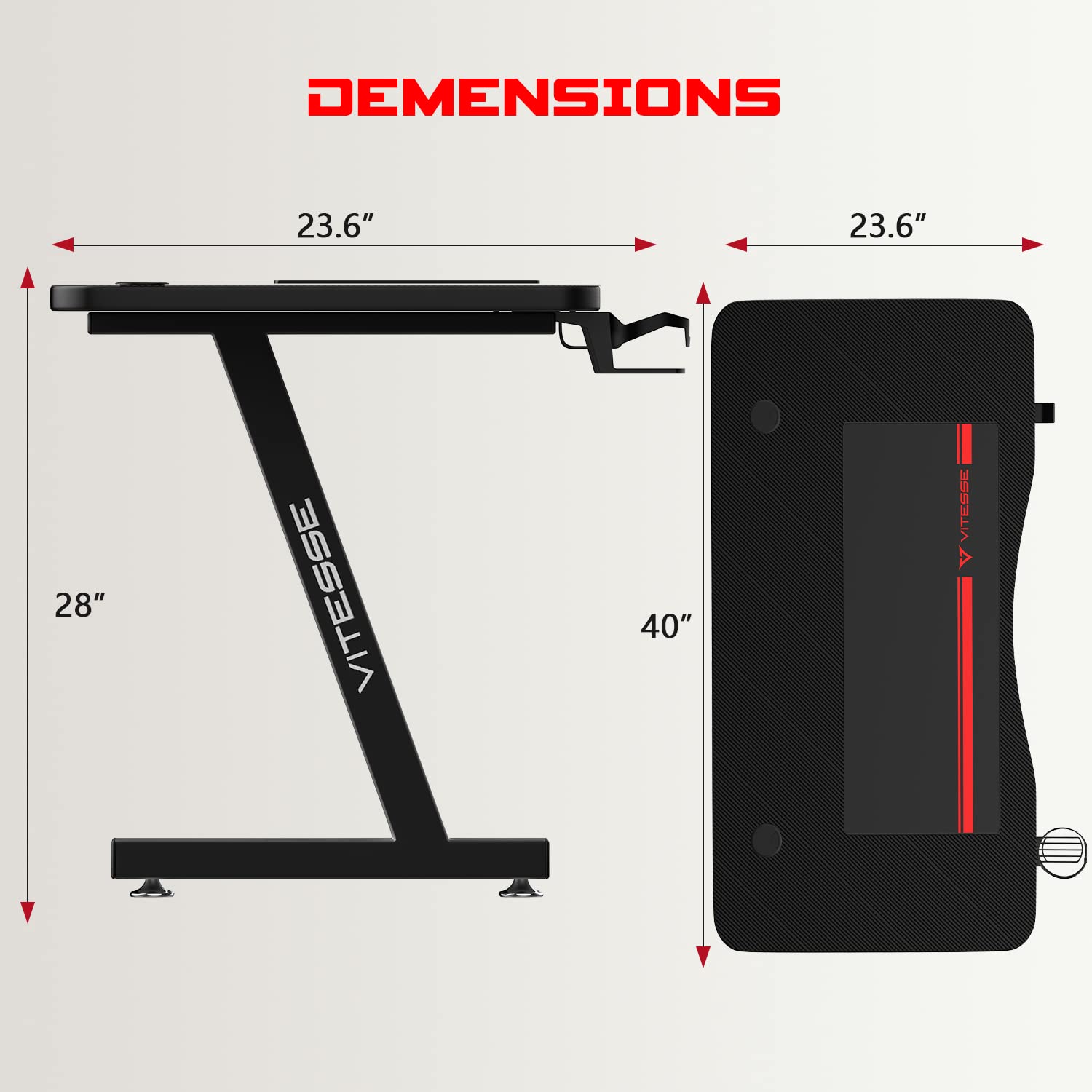 VITESSE Ergonomic Gaming Desk - Z Shaped Office PC Computer Desk with Full Desk Mouse Pad, Charging Gaming Handle Rack, Cup Holder & Headphone Hook - Perfect for Gamers, Streamers & Home Office Setup