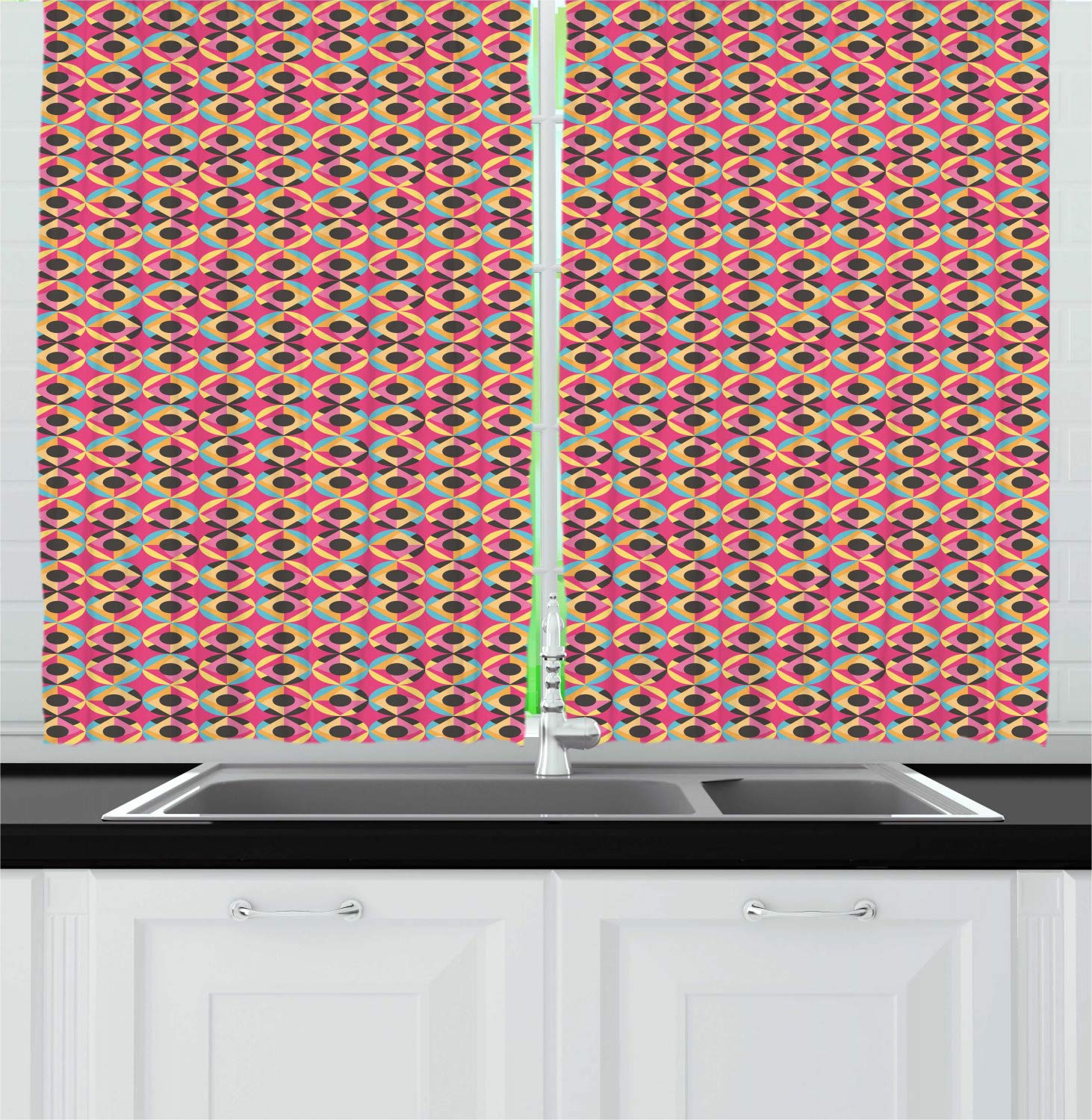 Ambesonne Geometric Kitchen Curtains Set of 2 Panels - Colorful Abstract Modern Design with Round & Square Patterns - 55