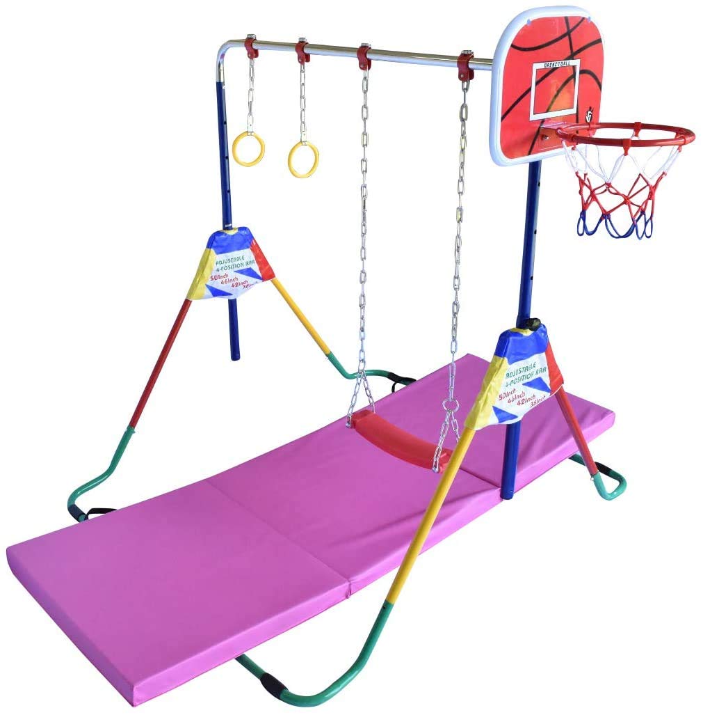Adjustable 5-in-1 Gymnastics Bar for Kids - Foldable Horizontal Kip Bar with Tumbling Mat, Swing Seat, Trapeze Rings & Basketball Hoop - Home Training Equipment for Junior Gymnasts - Perfect for Indoor Playrooms, Backyard Fun & Preschool Exercise