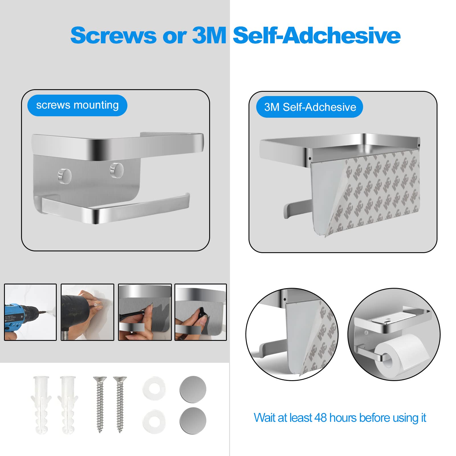Brushed Nickel Toilet Paper Holder with Shelf - SUS 304 Stainless Steel Adhesive Bathroom Tissue Roll Holder - Modern Space-Saving Design for Small Bathrooms, RVs & Apartments