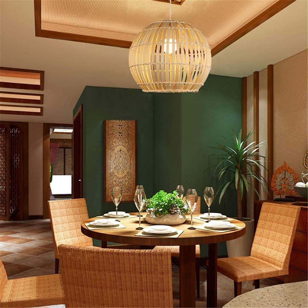 Round Bamboo Lantern Pendant Light - Natural Handwoven Wicker Lampshade for Rustic Ceiling Chandelier | Eco-Friendly Dining Room Lighting, Bedroom Decor, Patio & Outdoor Hanging Lights