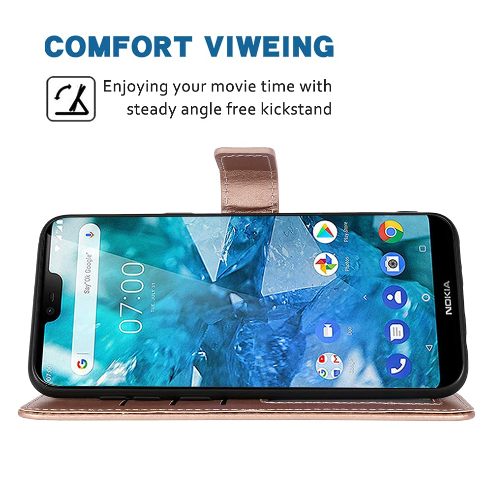 Premium Leather Wallet Case for Nokia 7.1 (TA-1085) - Flip Cover with Card Holder, Wrist Strap & Stand | Rose Gold Folio Phone Case for Women & Men | Perfect for Work, Travel & Daily Protection