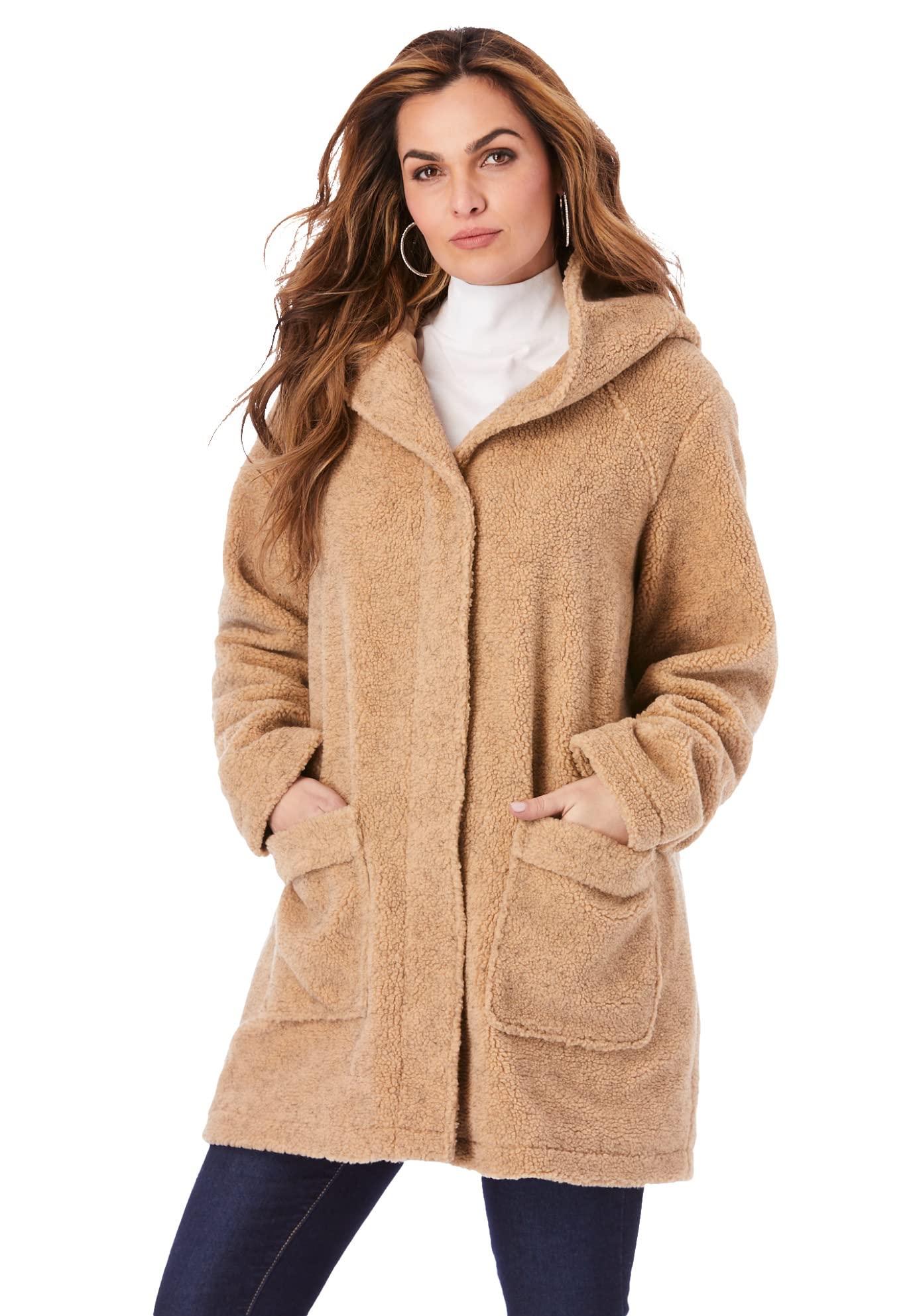 Rooman's Women's Plus Size Hooded Textured Fleece Coat - Warm Winter Jacket for Outdoor Activities, Casual Wear & Cold Weather Protection