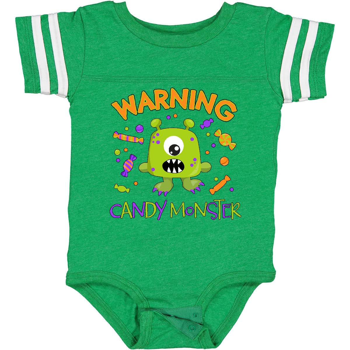 **Inktastic Warning Candy Monster & Cute Green Monster Baby Bodysuit - Funny Infant Onesie for Halloween, Birthday & Playtime**