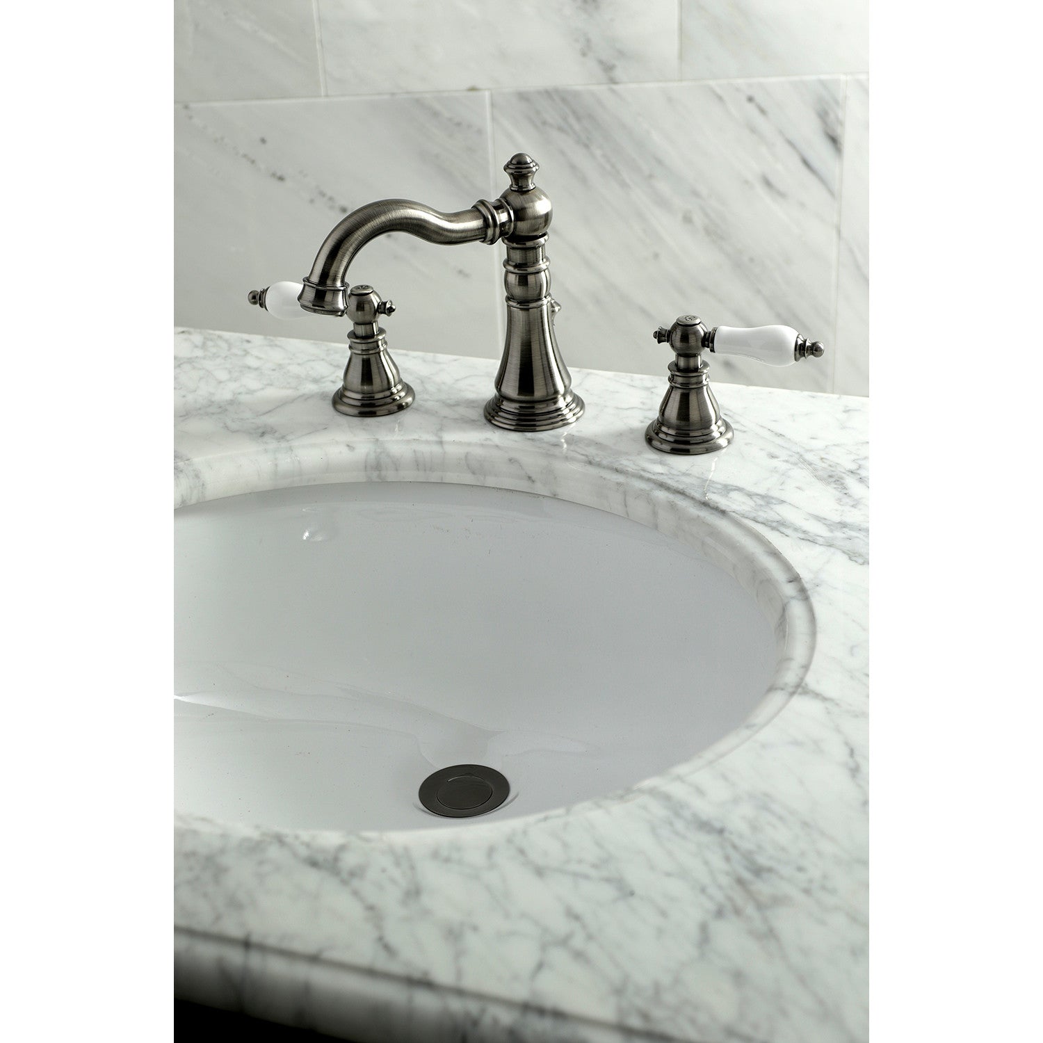 American Patriot FSC1974APL Black Stainless Steel 3-Hole Widespread Bathroom Sink Faucet with Brass Pop-Up Drain - Perfect for Modern Bathroom Renovations & Home Upgrades