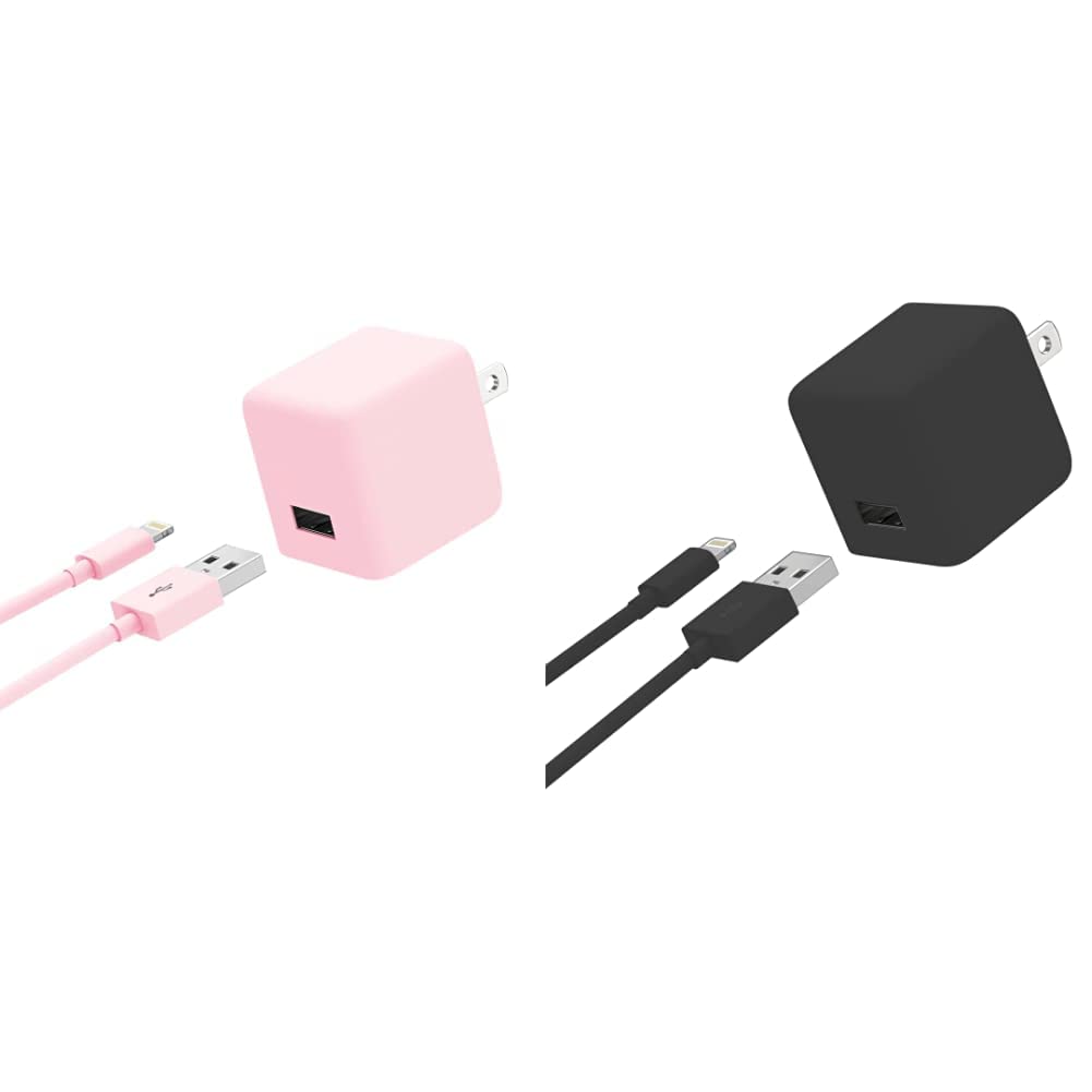 TALK WORKS 2-Pack 5ft USB to Lightning Cable with Wall Charger Adapter - Fast Charging iPhone Charger Cord for iPhone 14/13/12/11/X/8/7/6/5, iPad & AirPods (Pink & Black) - Perfect for Home, Office & Travel Use