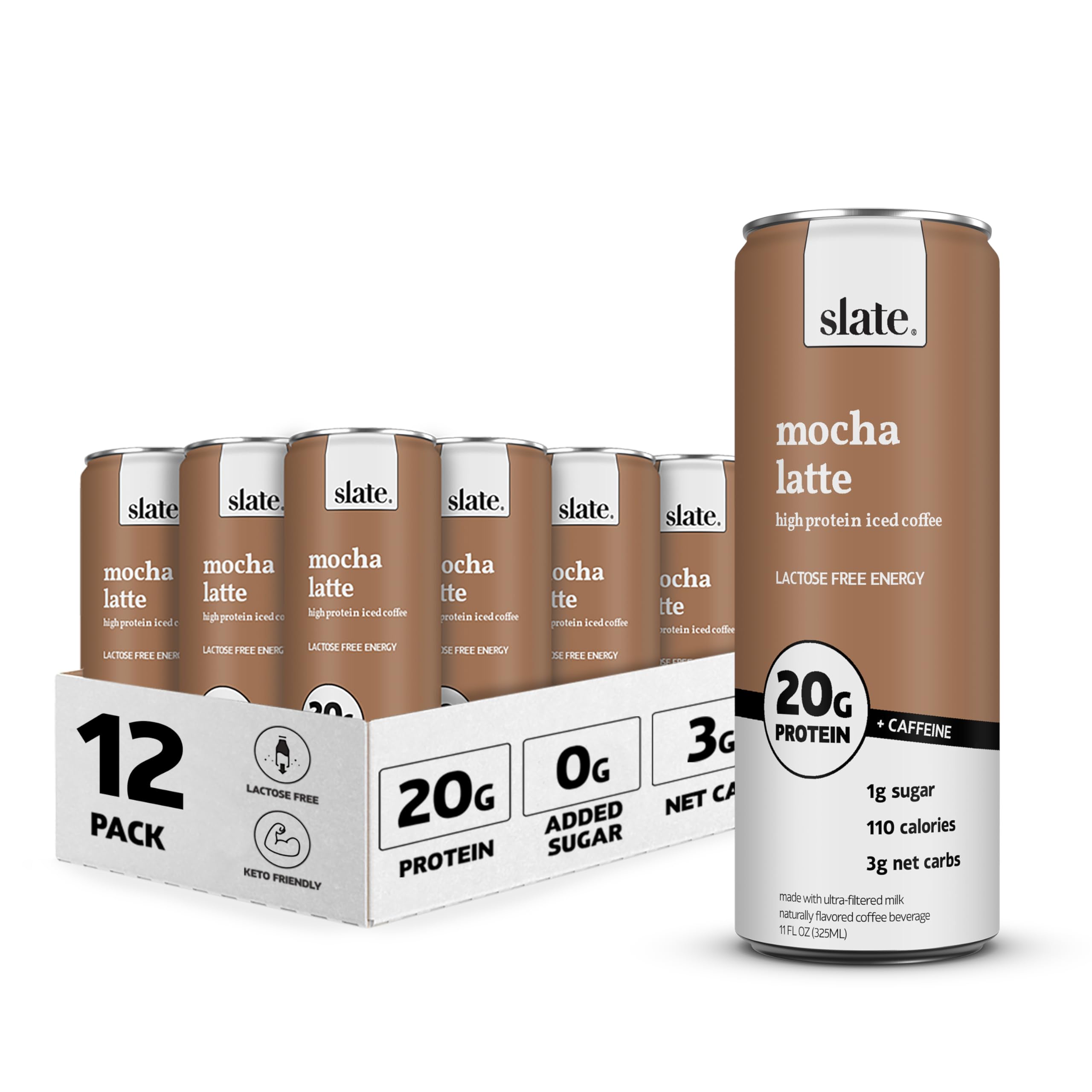 Slate Milk High Protein Iced Coffee - Mocha Latte Flavor, 12 Pack (11 fl oz Cans) | 20g Protein, 175mg Caffeine, 1g Sugar | Lactose Free, Low Calorie (110), Low Carb (3g Net) Energy Drink | Perfect for Gym Workouts, Office Boost & Morning Pick-Me-Up