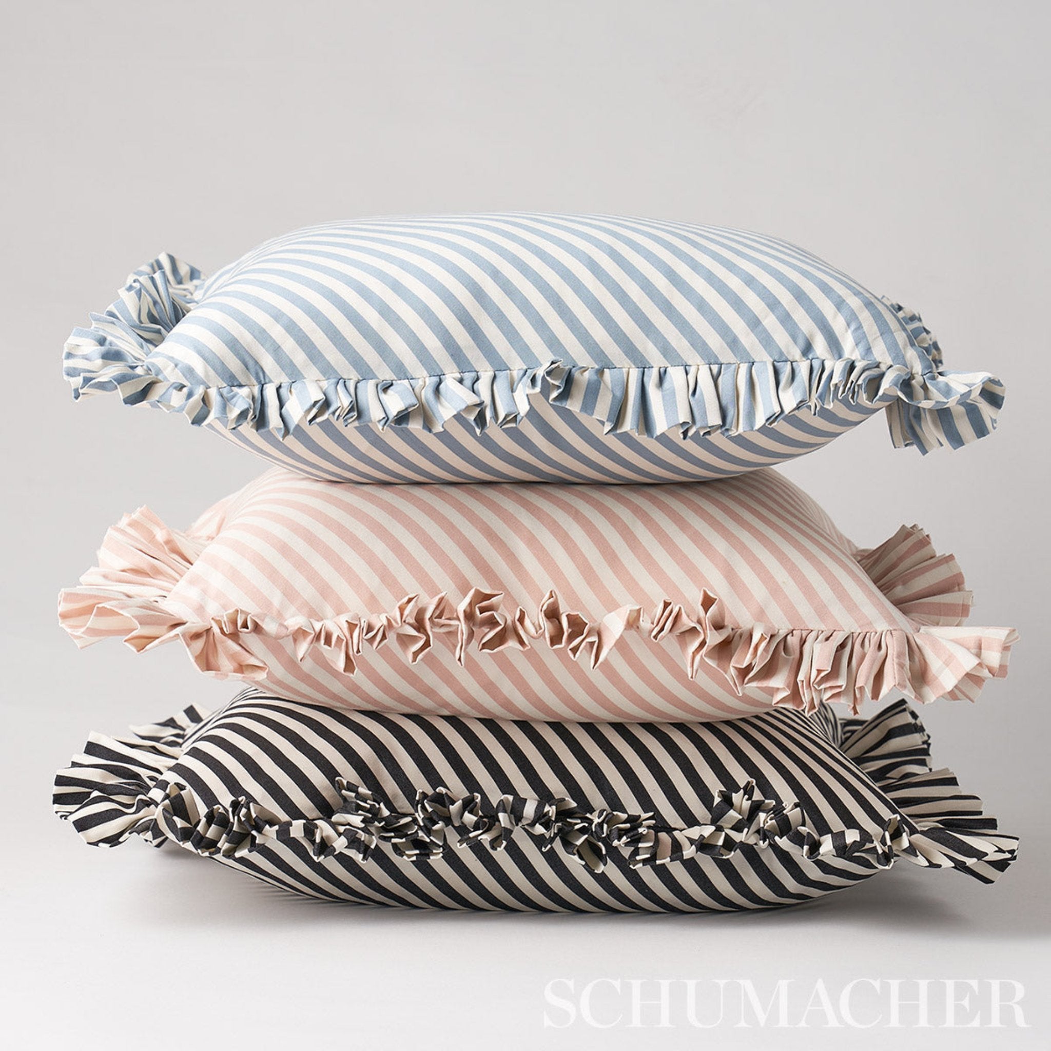 Blue and White Striped Ruffled Cotton Throw Pillow - Soft Decorative Cushion for Sofa, Bed, or Living Room