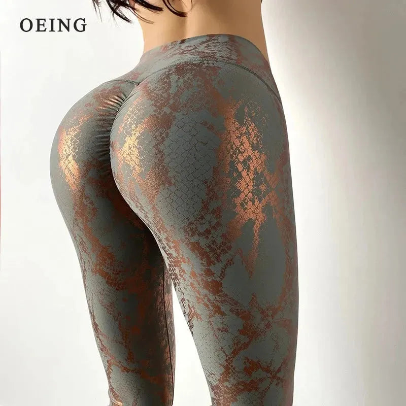Snake Print Glitter Elastic Women's Leggings - High Waist Yoga Pants with Butt Lift for Fitness, Gym & Workout | Sexy Push Up Tights for Running, Dance & Casual Wear