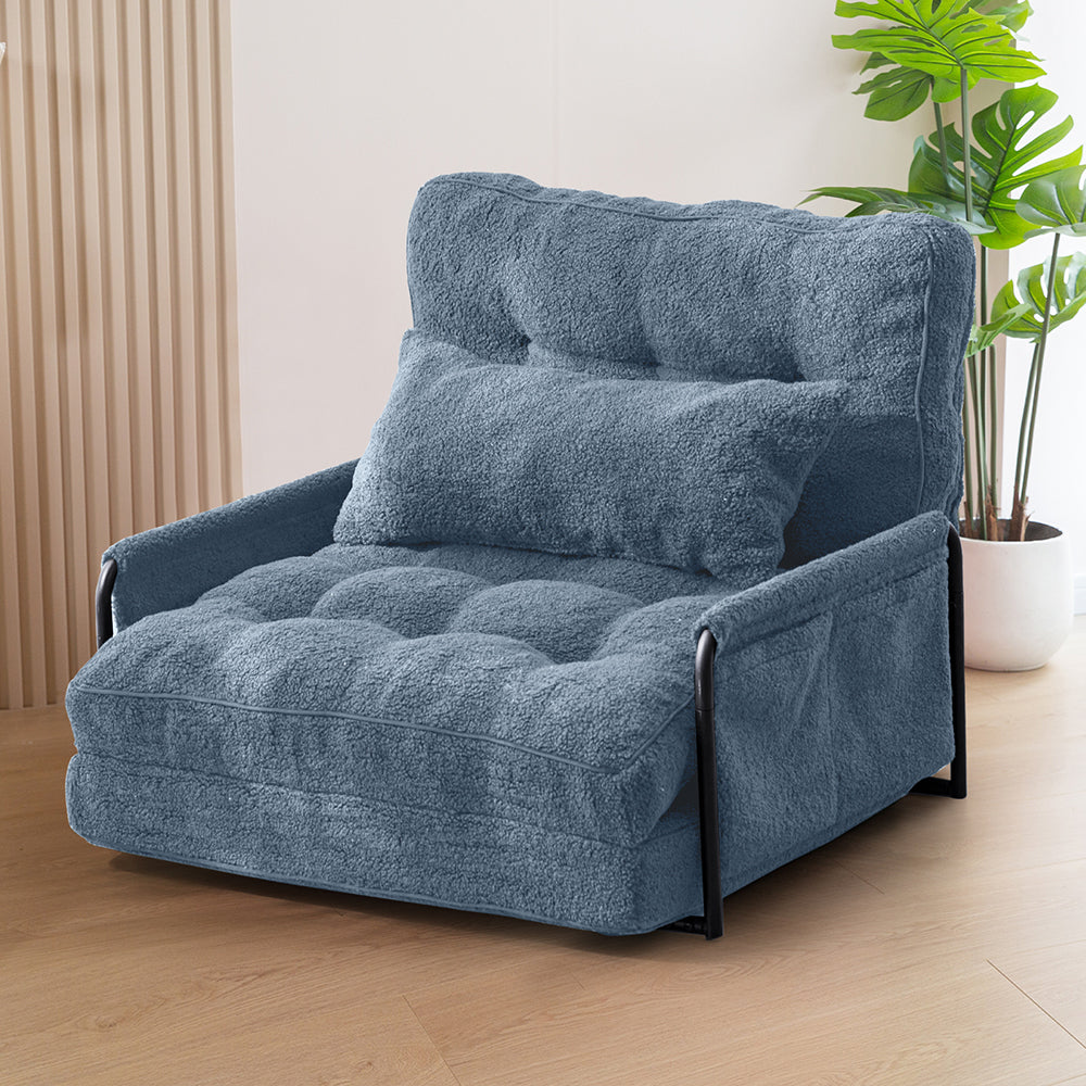 MAXYOYO Adjustable Floor Sofa Couch with Pillow - Boucle Convertible Lazy Sofa Sleeper Bed with Armrest, Single Seat, Dusty Blue - Perfect for Small Spaces, Living Rooms & Guest Beds