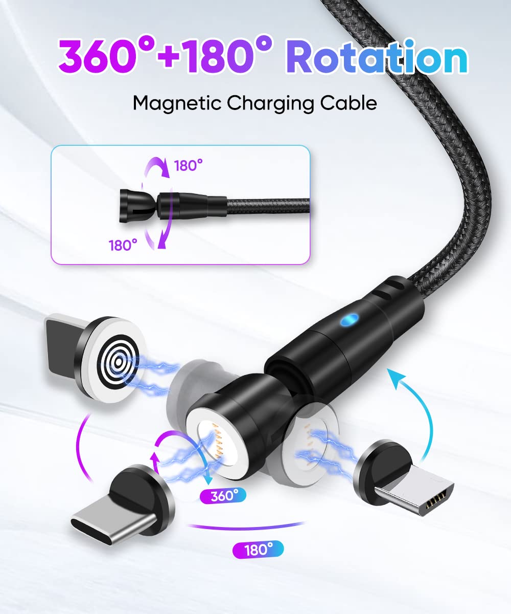 Krsende 6-in-1 Magnetic Charging Cable 2M (6.6ft) - 60W Fast Charging USB A/USB C to Type C Cable with 360° & 180° Rotation - Perfect for iPhone, Android, Tablets & Laptops - Black