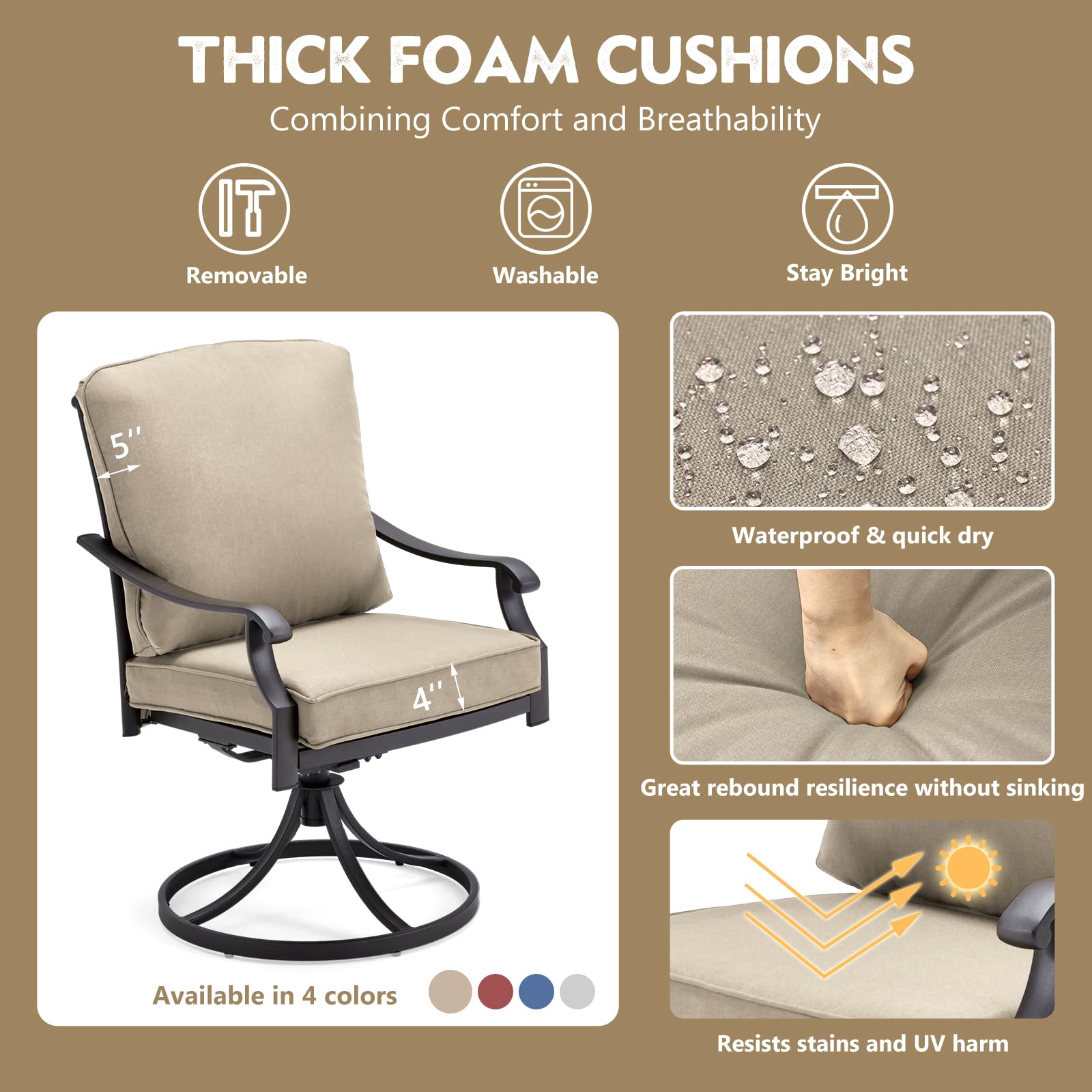 MELLCOM 2-Piece Patio Swivel Chair Set - Heavy Duty Outdoor Dining Chairs with Thickened Cushions, Gentle Rocking Metal Chairs for Garden, Lawn, Porch & Backyard - Khaki - Perfect for Outdoor Dining, Relaxing & Entertaining