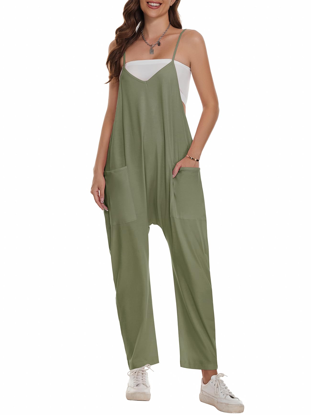 Trendy Women's Sleeveless Jumpsuit with Pockets - Loose Fit Romper & Spaghetti Strap Overalls | Casual Summer Outfit, Beach Wear & Street Style Fashion