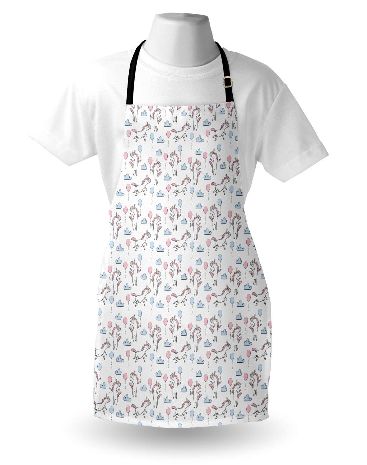 Ambesonne Cartoon Apron - Unisex Kitchen Bib with Clouds, Balloons & Unicorns Pattern - Adjustable Neck for Cooking, Baking, Gardening - Adult Size in Pale Pink & Blue - Perfect for Parties, BBQ & Home Decor