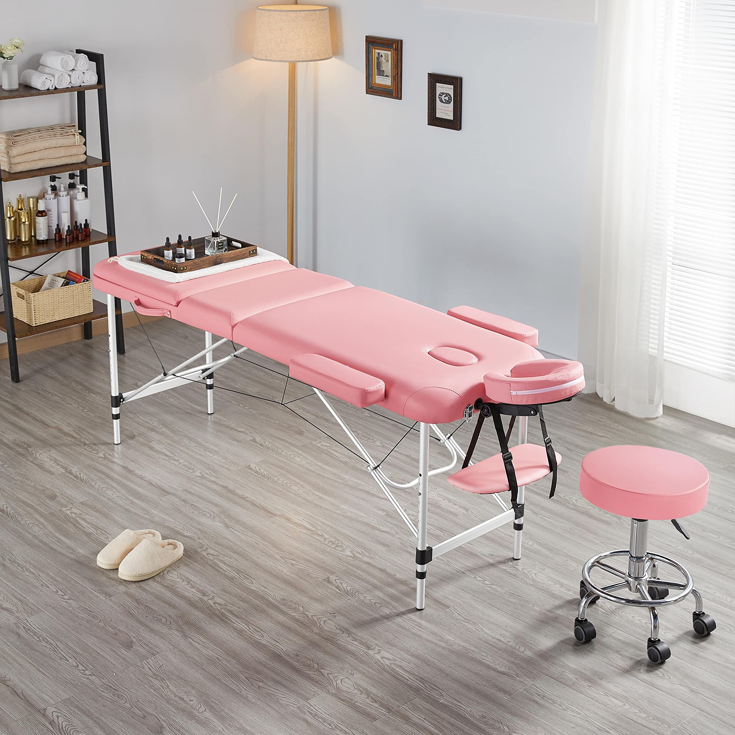 Yaheetech 2-Section Adjustable Massage Bed - Foldable Spa Table with Swivel Stool for Salon & Massage Therapy - Pink - Perfect for Home Spa, Professional Massage Clinics and Beauty Salons