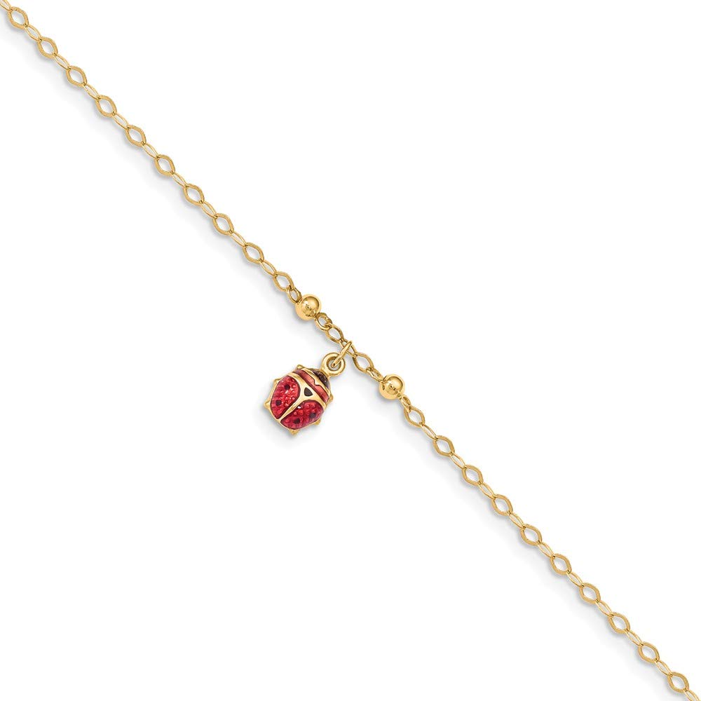 10K Yellow Gold Adjustable Ladybug Enamel Anklet Bracelet for Women - Perfect for Summer, Beach, and Everyday Wear
