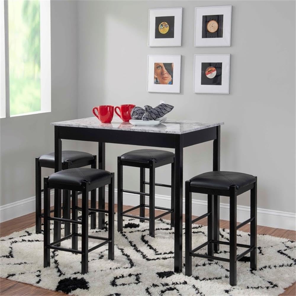 Linon Tifton 5-Piece Wood & Faux Marble Black Tavern Table Set - Perfect for Kitchen, Dining Room, and Small Space Entertaining