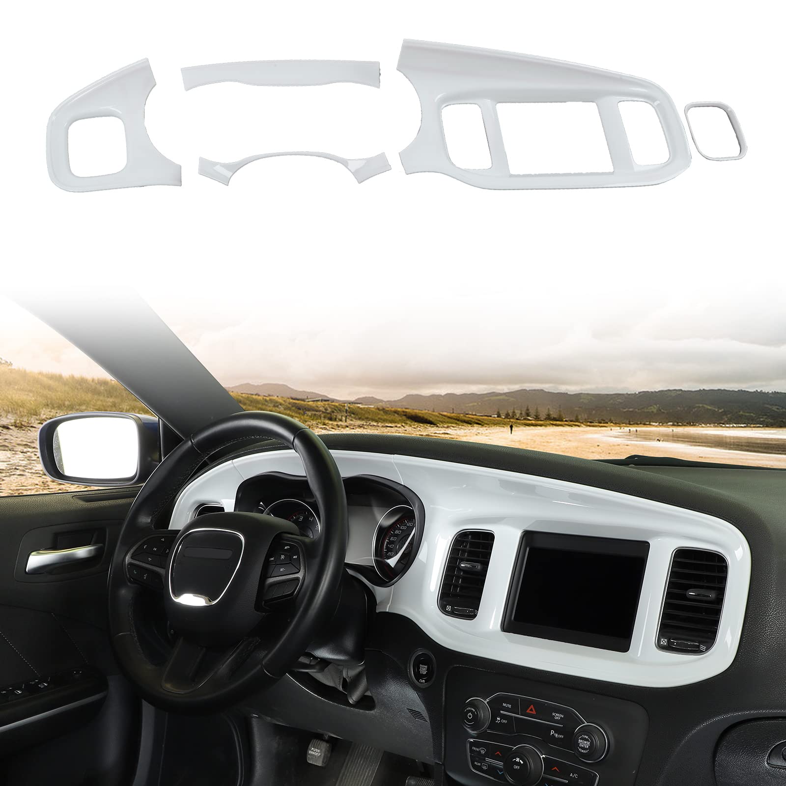 **2015-2024 Dodge Charger ABS White Dashboard Trim Panel Set (5pcs) – Premium Interior Upgrade for Center Console & Gauge Cluster – Perfect for Custom Car Styling & Enhanced Aesthetics**