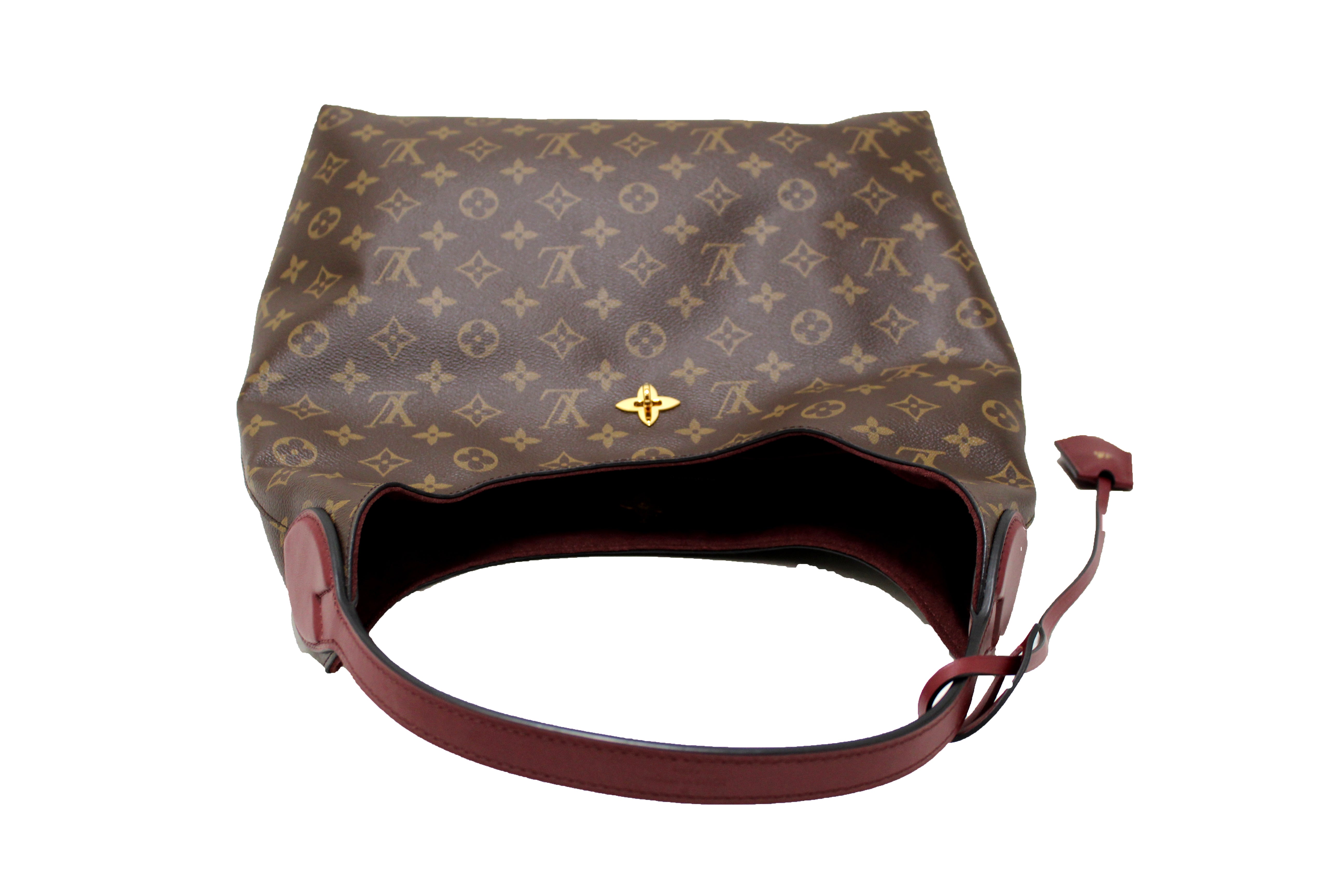 Authentic Louis Vuitton Monogram Hobo Bag with Burgundy Leather Flower Accent - Elegant Shoulder Bag for Women, Perfect for Work, Travel & Special Occasions