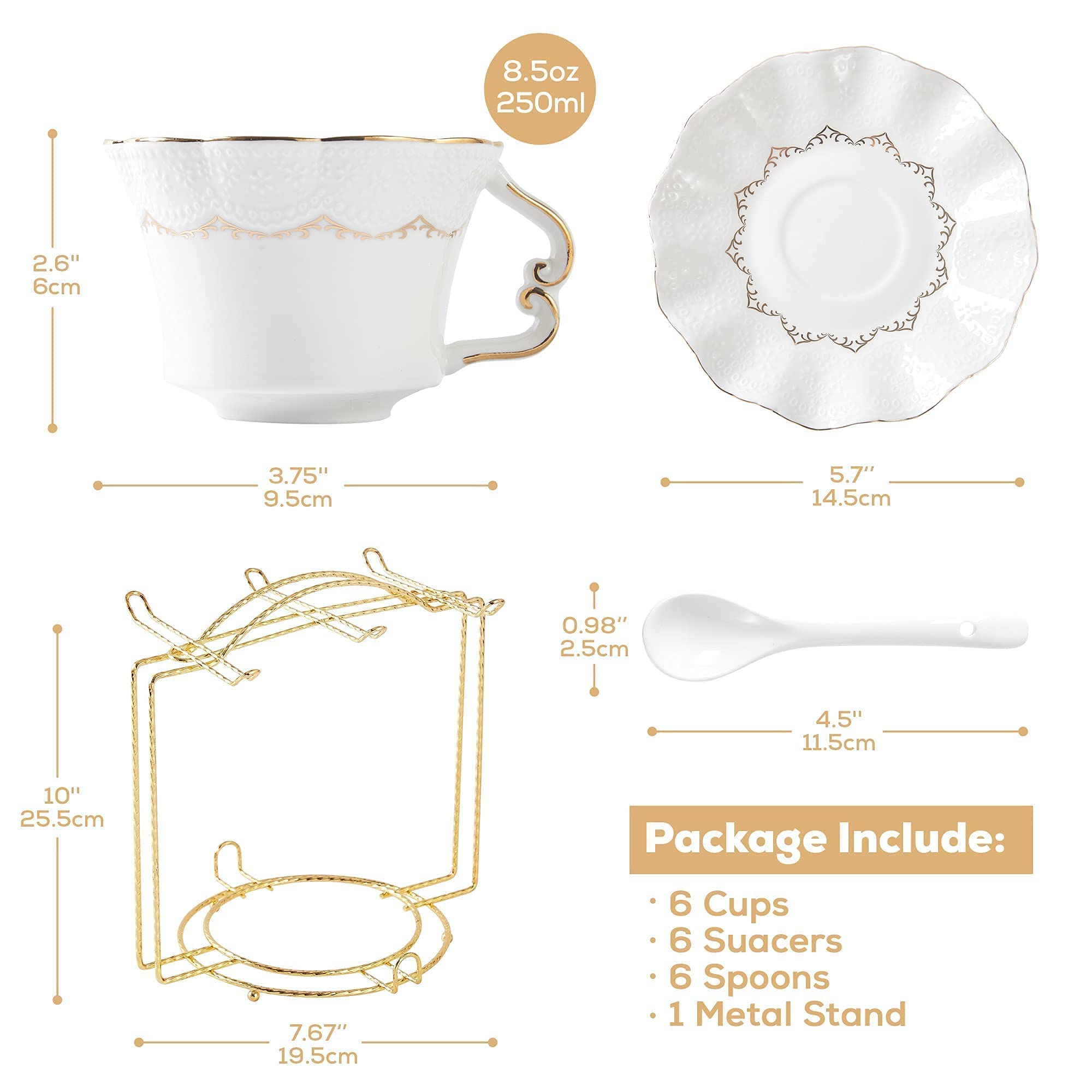Premium 6-Piece Porcelain Tea Set with Teapot, 8.5oz Cups & Saucers - British Royal Style Floral Relief Design with Tea Warmer - Perfect for Afternoon Tea Parties, Bridal Showers & Elegant Home Decor (White)