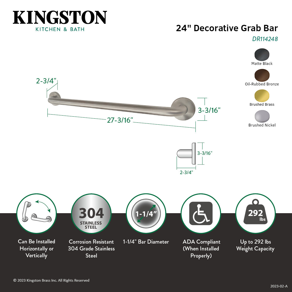 Americana Thrive In Place DR114248 24-Inch Stainless Steel Grab Bar - 1 1/4 Inch O.D., Brushed Nickel Finish - Bathroom Safety Handle for Seniors & ADA Compliance - Ideal for Showers, Bathtubs & Toilets