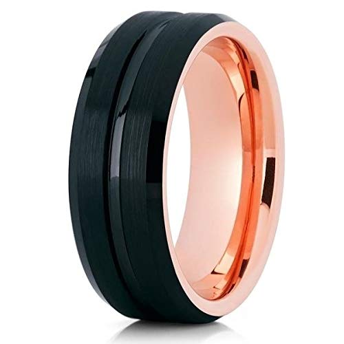 Rose Gold Tungsten Wedding Band - 18k Rose Gold & Black Tungsten Carbide Ring for Men - Comfort Fit Anniversary & Engagement Ring - Perfect for Weddings, Proposals & Special Occasions