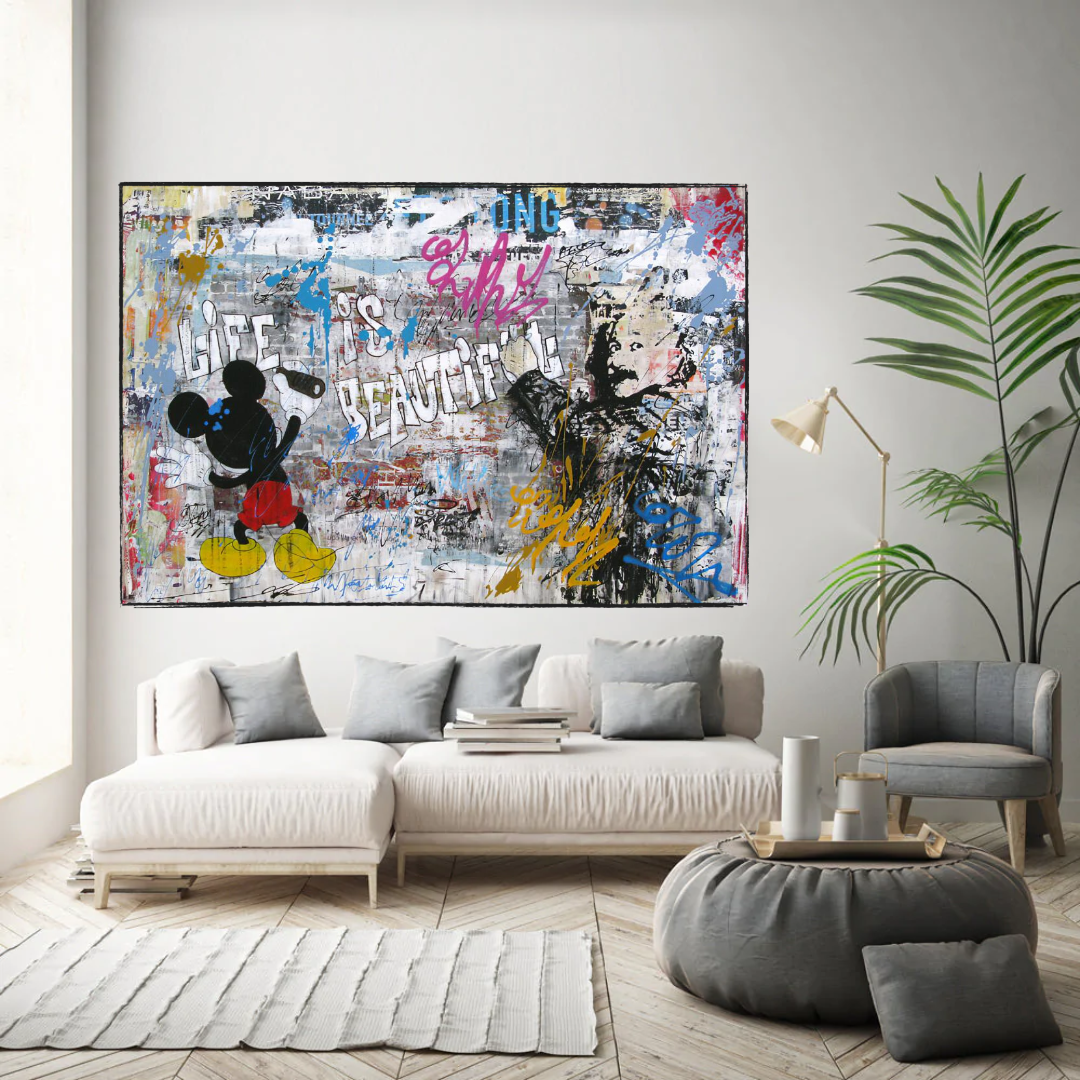 Banksy Life is Beautiful Mickey Mouse Canvas Wall Art Print - Pop Art Home Decor for Living Room, Bedroom & Office