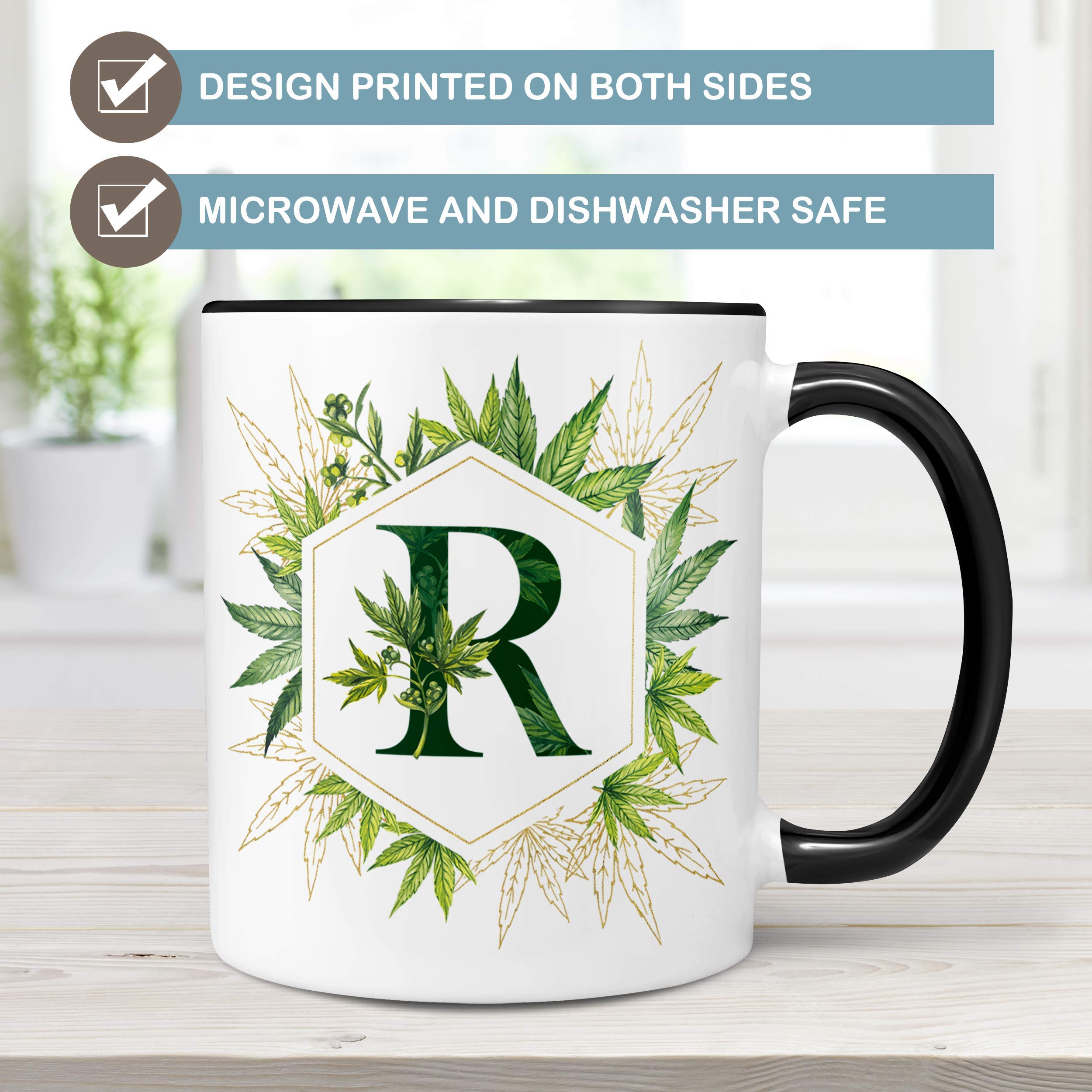 Custom Marijuana Leaf Monogram Initial Coffee Mug - Personalized Cannabis Themed Gift - Microwave & Dishwasher Safe Ceramic Cup for Stoner Gifts, 420 Parties & Coffee Lovers