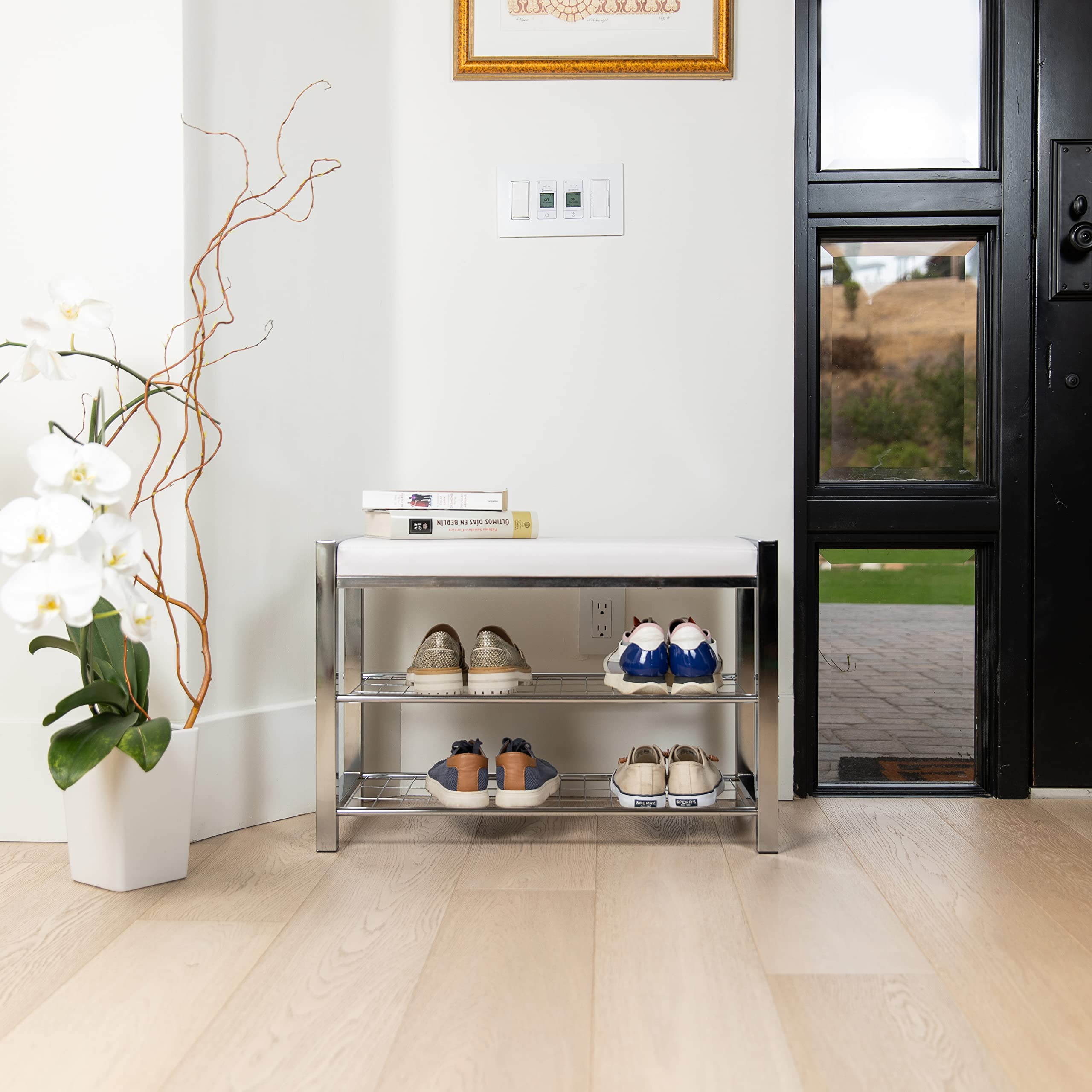 Danya B White Leatherette Storage Entryway Bench with Chrome Frame - Modern Hallway Bench with Shoe Storage, Perfect for Entryway, Living Room, Bedroom & Mudroom Organization