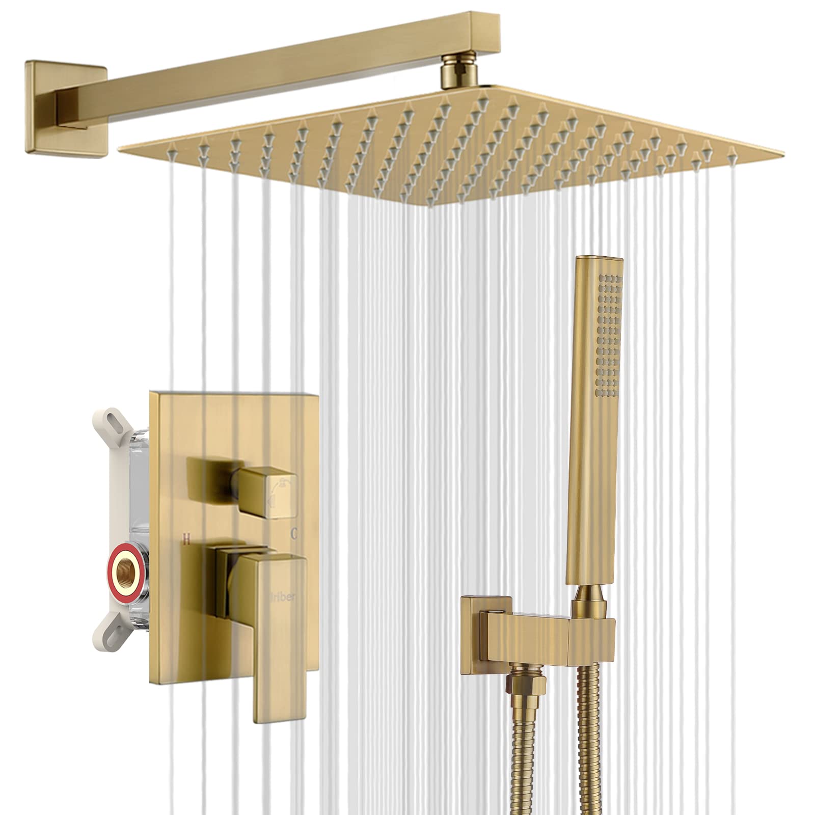 Premium Iriber Champagne Bronze Rain Shower System - 12 Inch Rainfall Shower Head & Handheld Spray - Wall Mounted Brushed Gold Bathroom Shower Set with Faucet Mixer & Trim Kit (Valve Included) - Perfect for Luxurious Spa-Like Showers & Modern Bathroom Upgrades