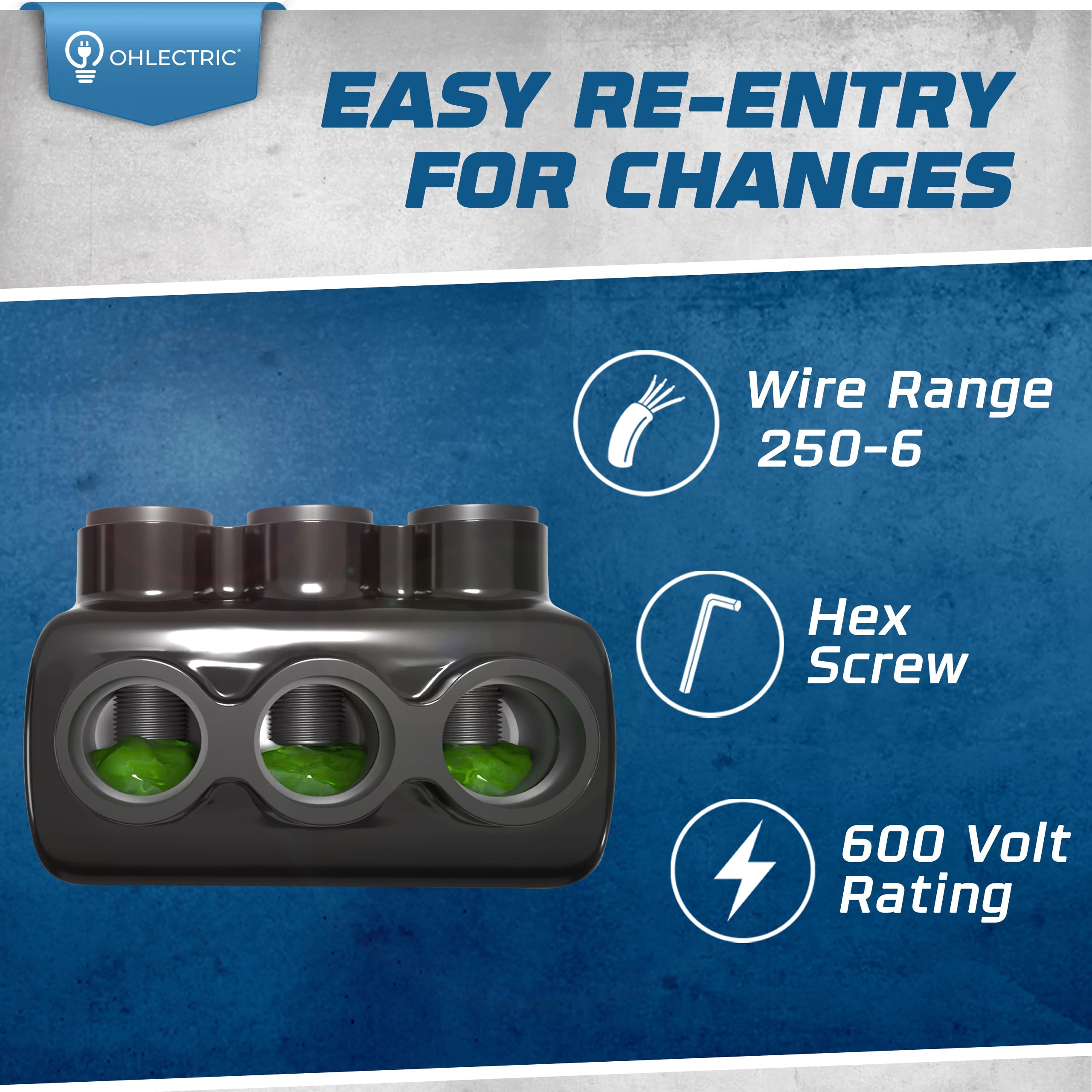 OHLECTRIC 4 Pack Insulated Wire Connectors - 3 Port Dual Side Entry for 250-6 AWG Wire Range with 5/16