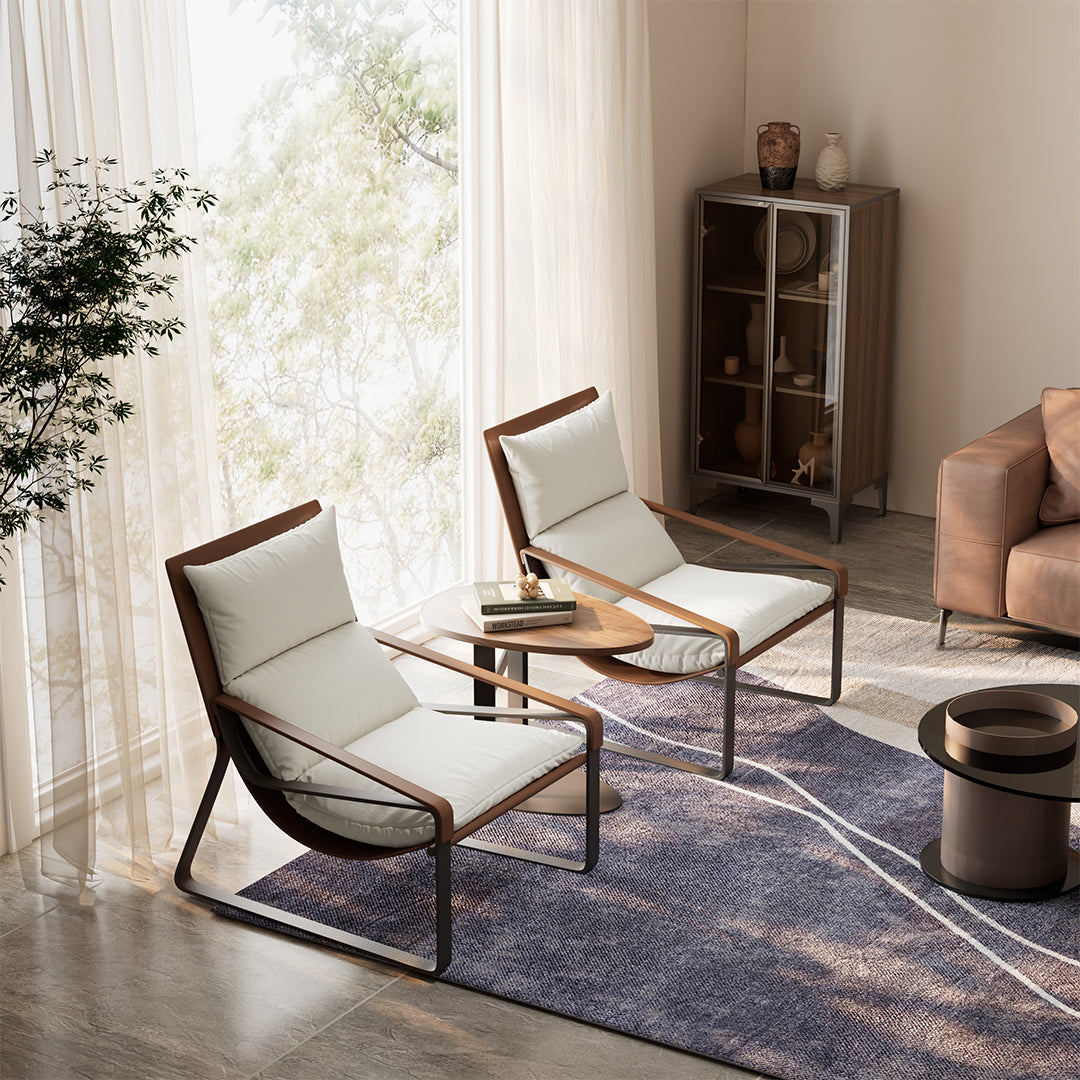 Handcrafted Stitched Saddle Leather Lounge Chair - Premium Beige & Orange Leather Recliner for Living Room, Office, or Reading Nook - Durable & Comfortable Modern Furniture